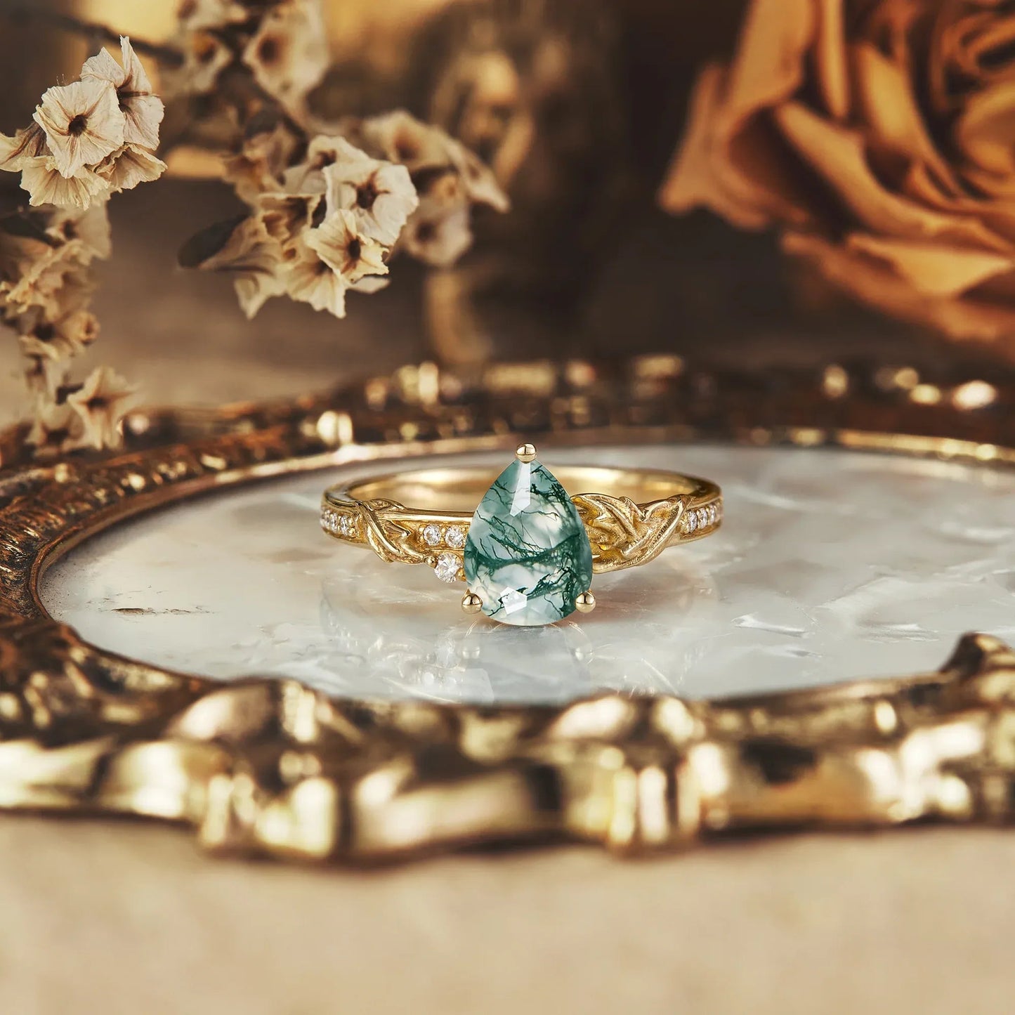 Asymmetric Pear Shape Moss Agate Engagement Ring - Avery - GemsMagic