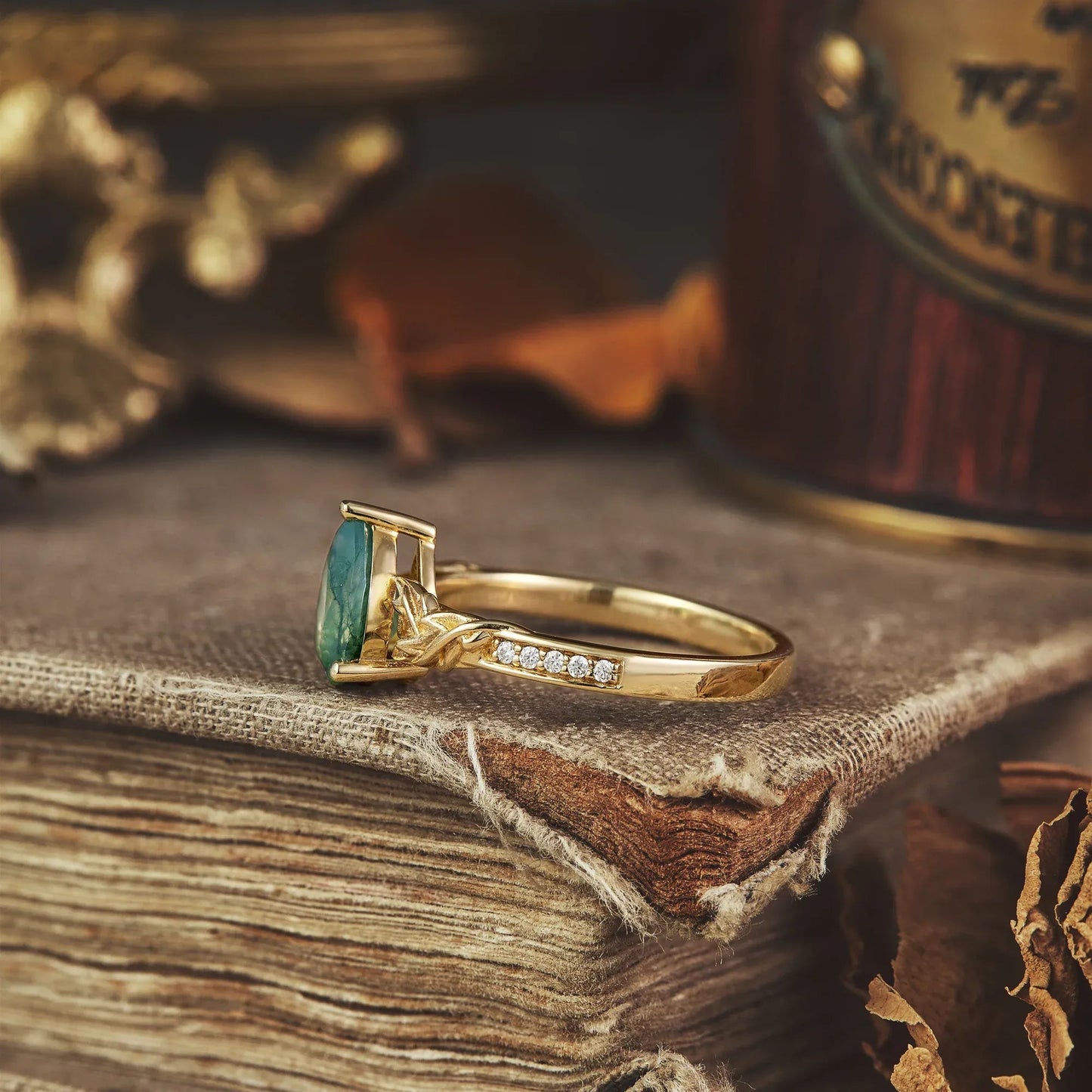 Asymmetric Pear Shape Moss Agate Engagement Ring - Avery - GemsMagic