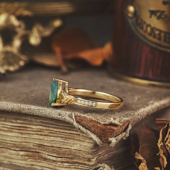 Asymmetric Pear Shape Moss Agate Engagement Ring - Avery - GemsMagic