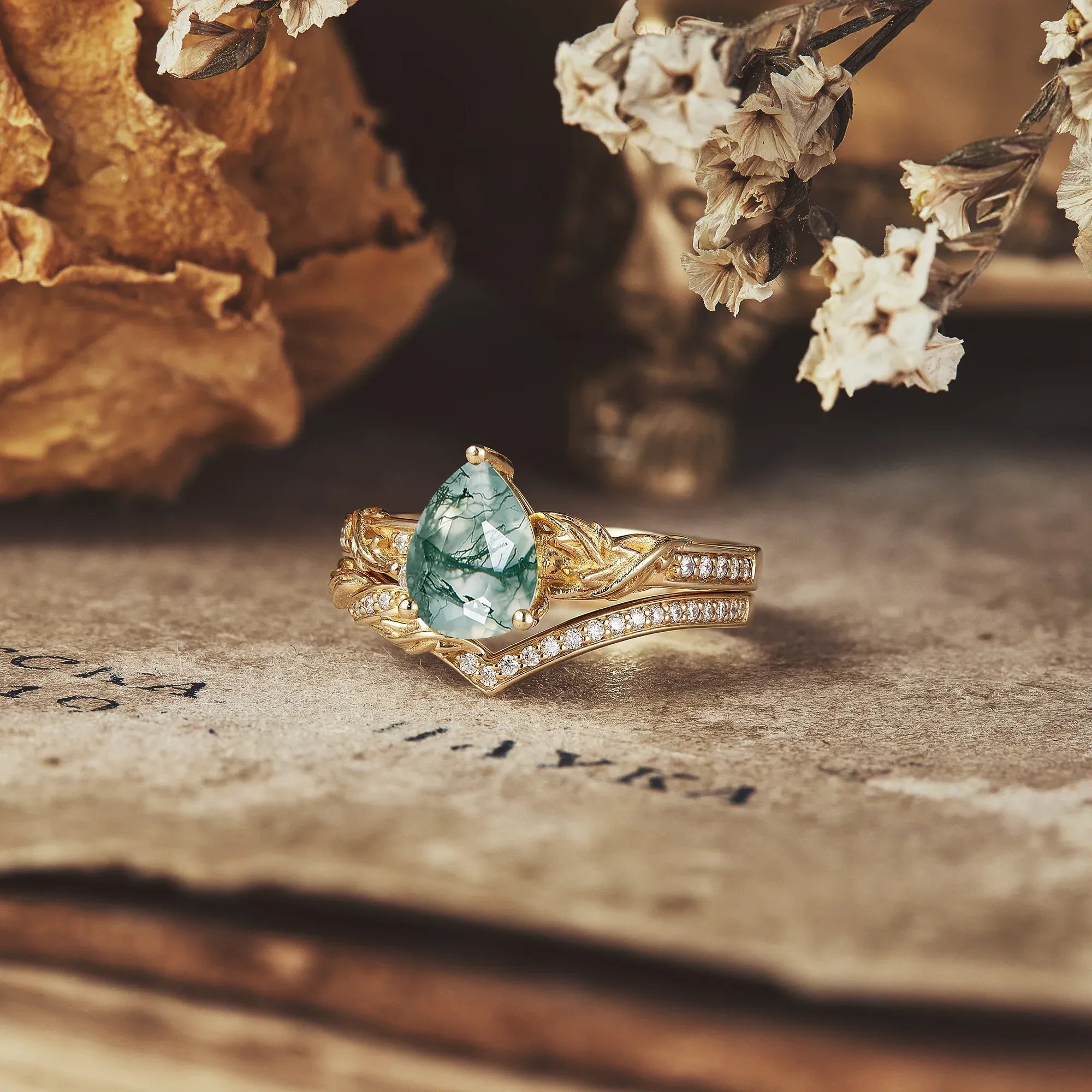 Asymmetric Pear Shape Moss Agate Engagement Ring - Avery2.0 - GemsMagic