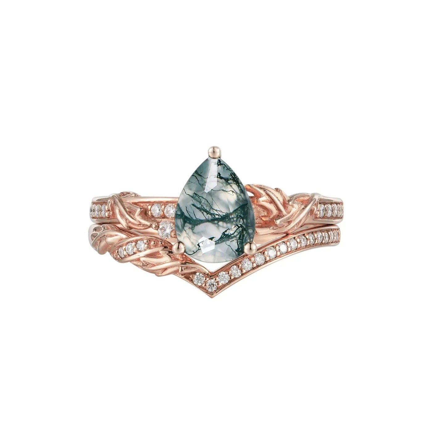 Asymmetric Pear Shape Moss Agate Engagement Ring - Avery2.0 - GemsMagic