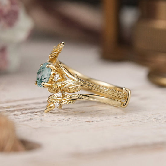 Bark Textured Round Cut Moss Agate Nature Inspired Enhancer Bridal Ring Set - GemsMagic