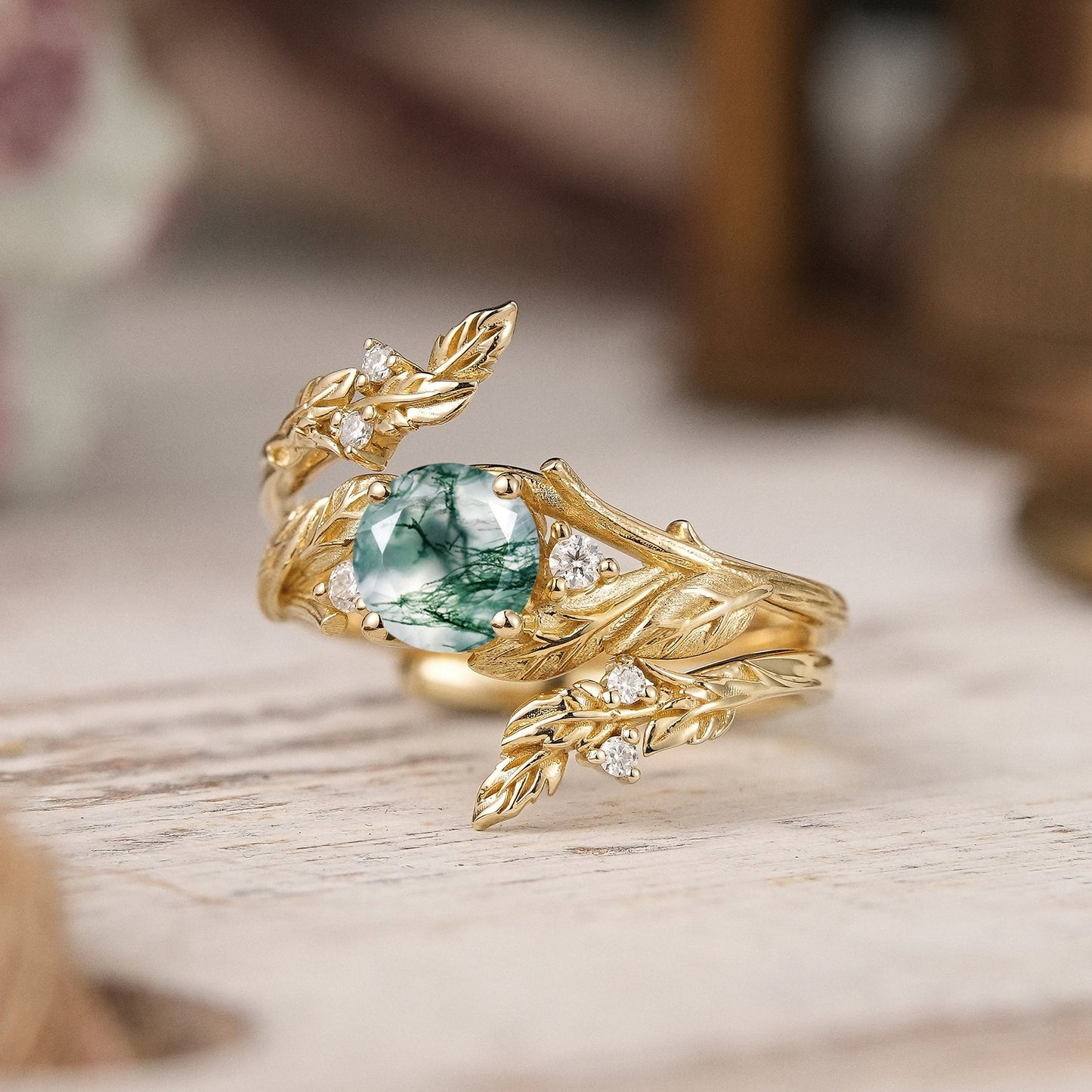 Bark Textured Round Cut Moss Agate Nature Inspired Enhancer Bridal Ring Set - GemsMagic