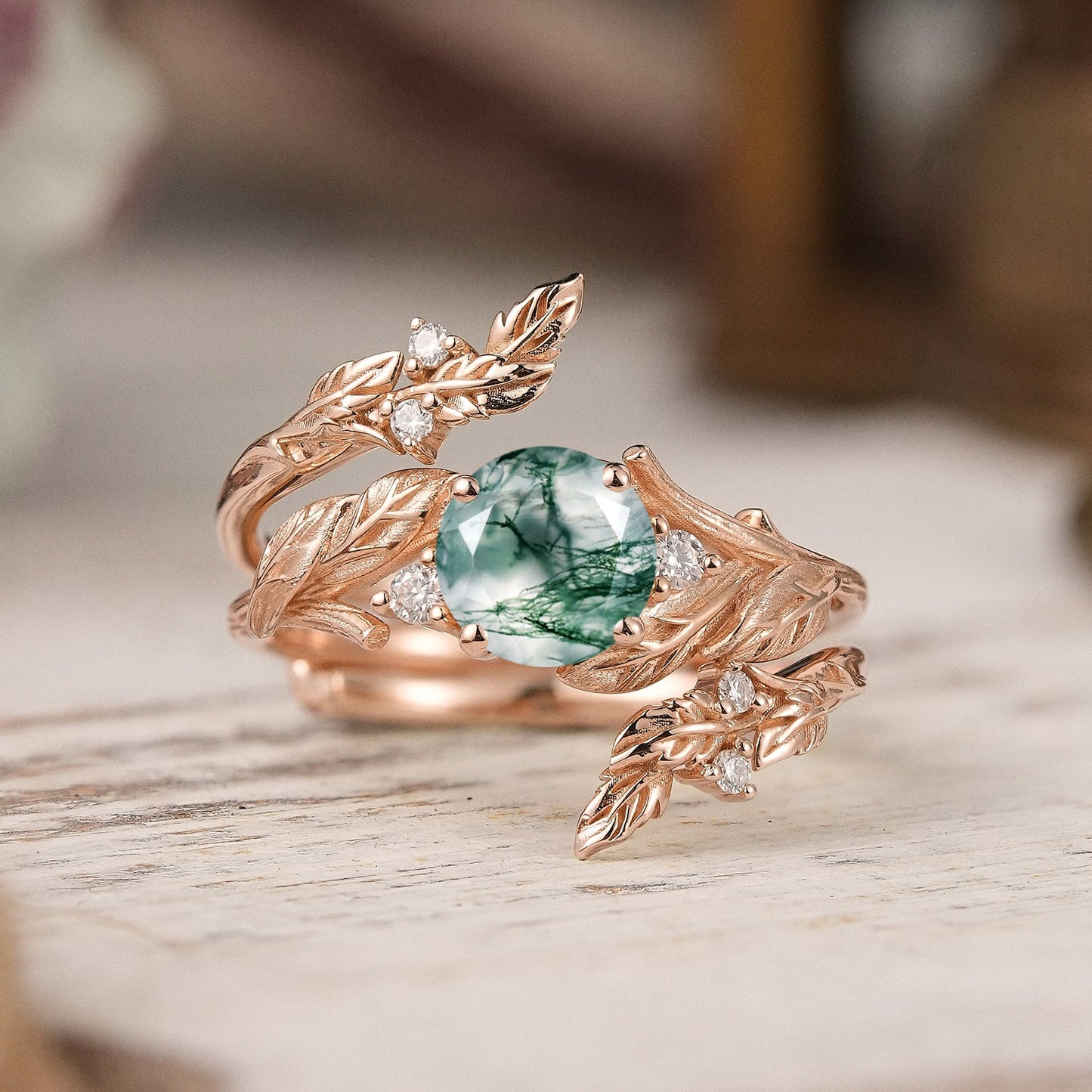 Bark Textured Round Cut Moss Agate Nature Inspired Enhancer Bridal Ring Set - GemsMagic
