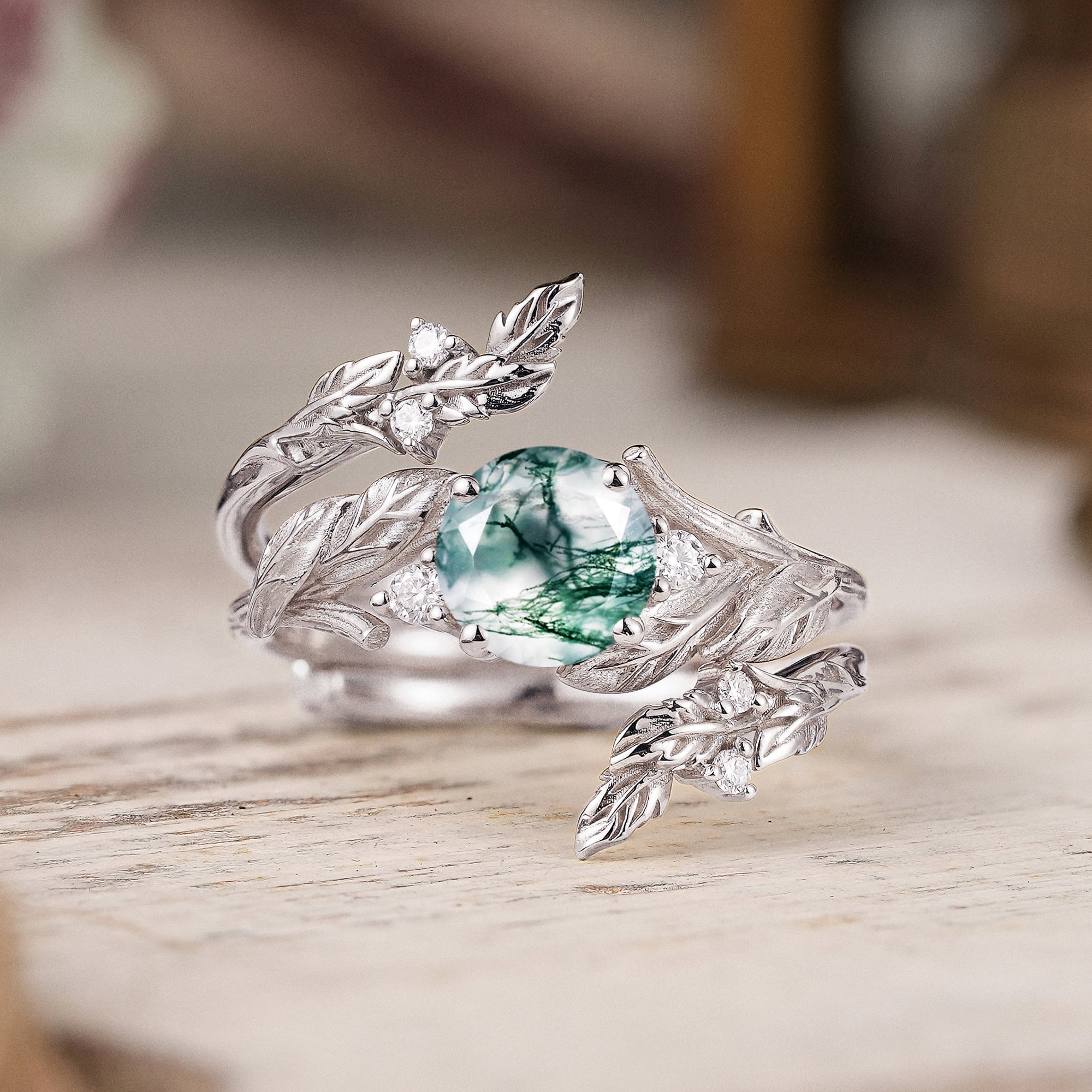 Bark Textured Round Cut Moss Agate Nature Inspired Enhancer Bridal Ring Set - GemsMagic