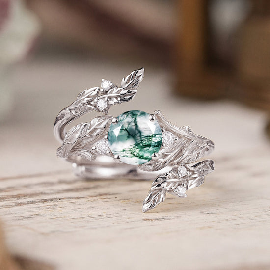 Bark Textured Round Cut Moss Agate Nature Inspired Enhancer Bridal Ring Set - GemsMagic