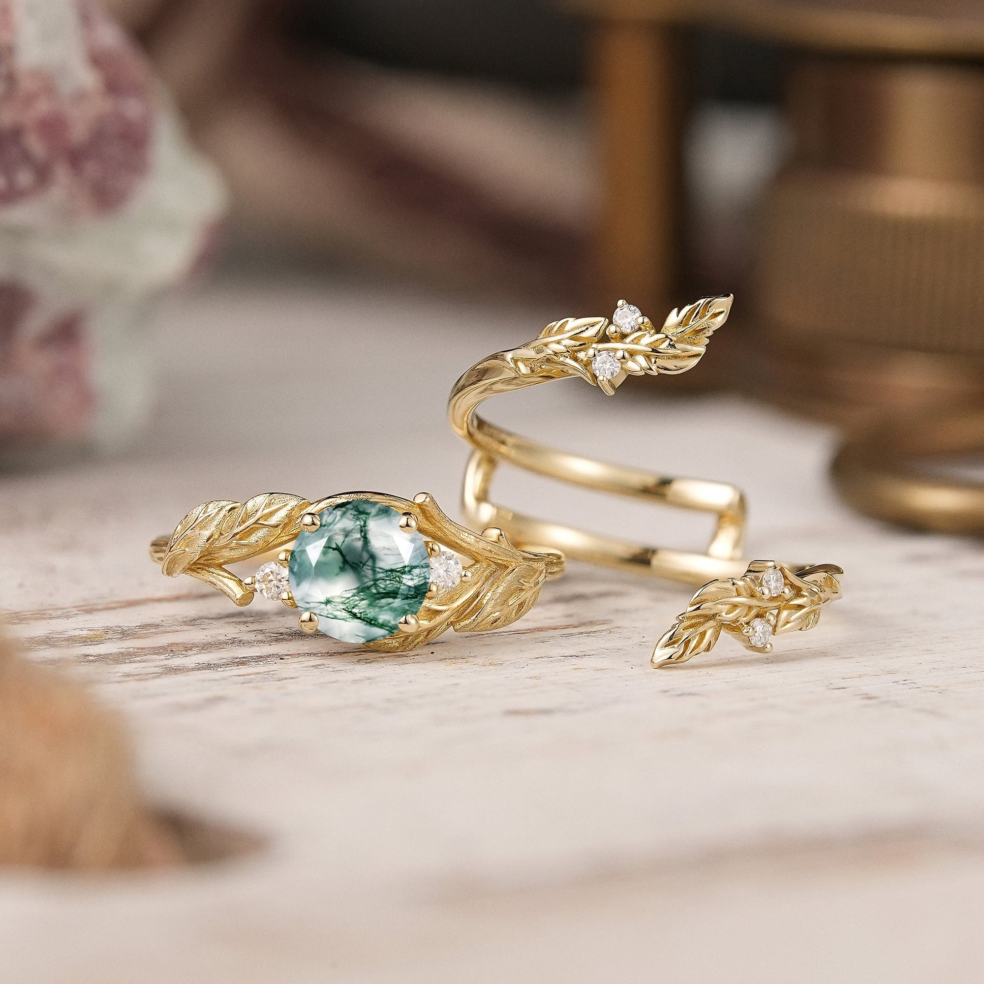 Bark Textured Round Cut Moss Agate Nature Inspired Enhancer Bridal Ring Set - GemsMagic