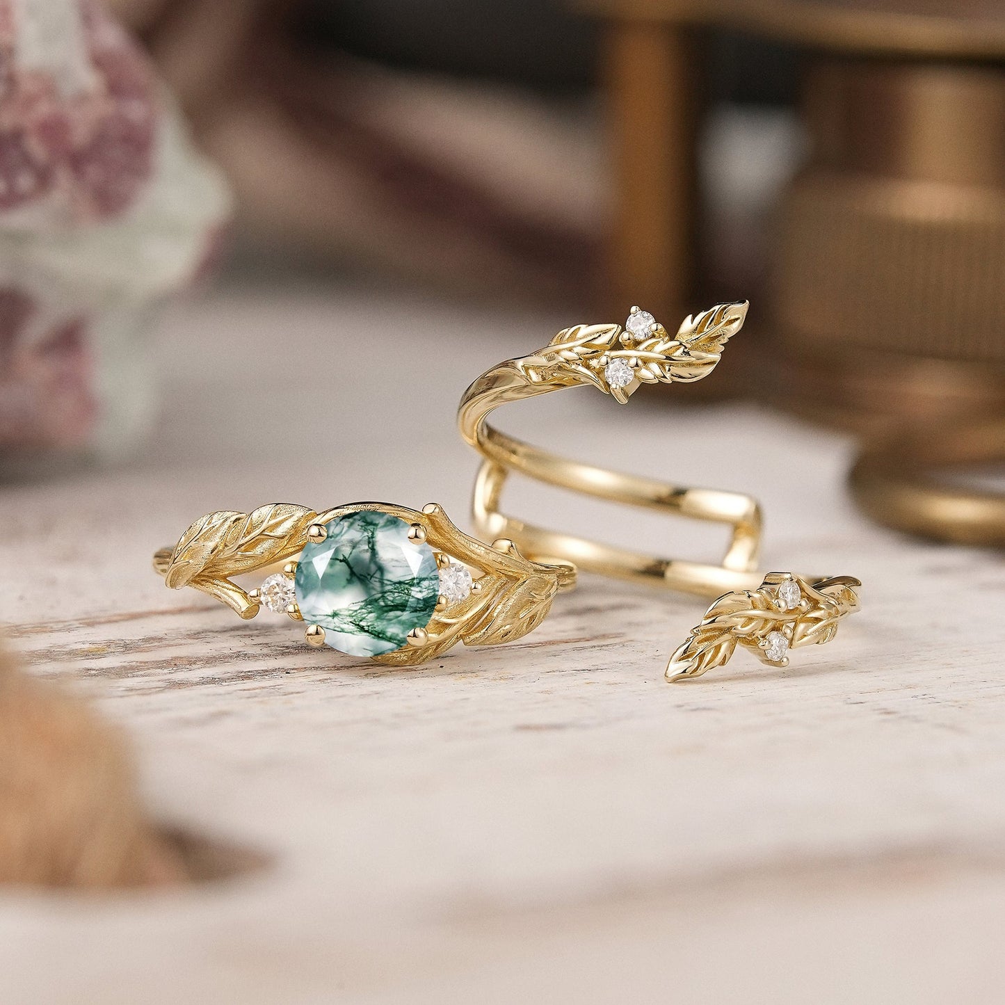 Bark Textured Round Cut Moss Agate Nature Inspired Enhancer Bridal Ring Set - GemsMagic