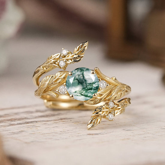 Bark Textured Round Cut Moss Agate Nature Inspired Enhancer Bridal Ring Set - GemsMagic