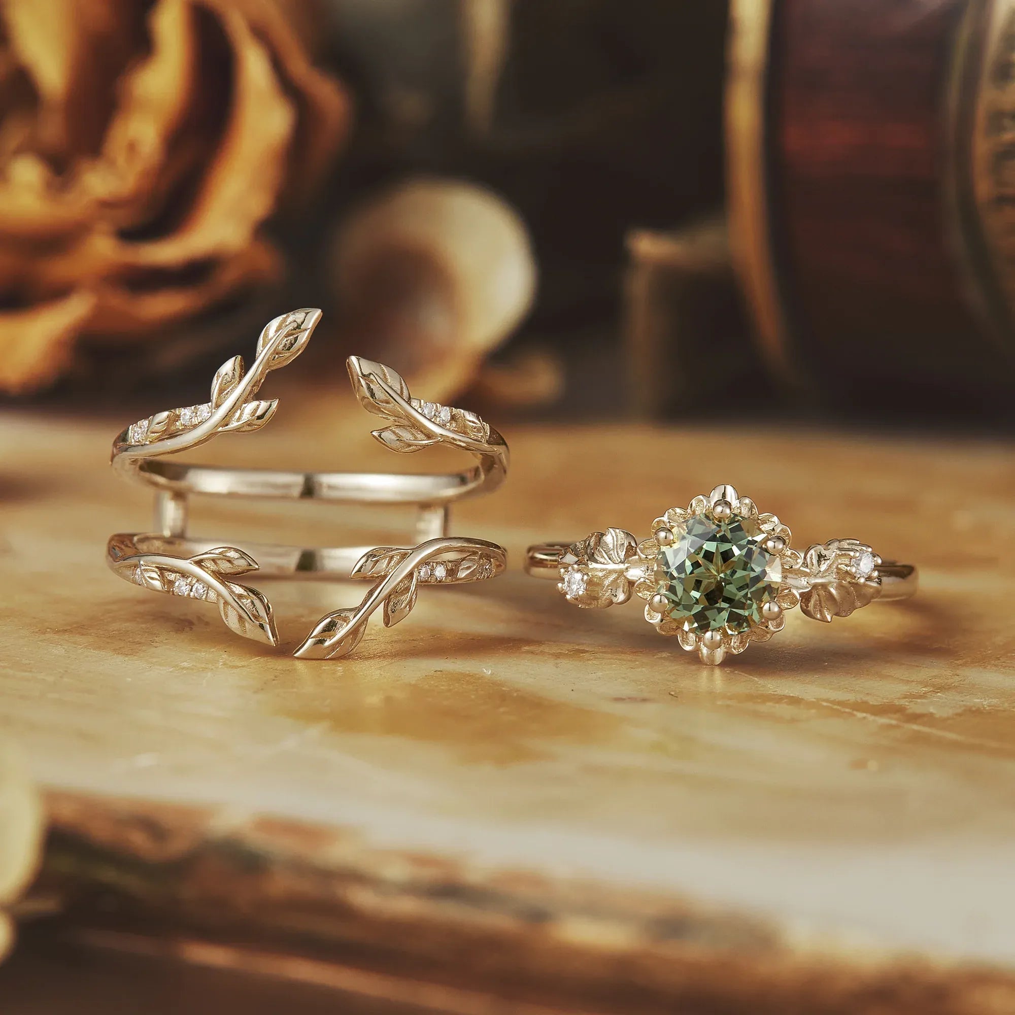 Beekeeper Garden Ring with Green Sapphire Set - GemsMagic