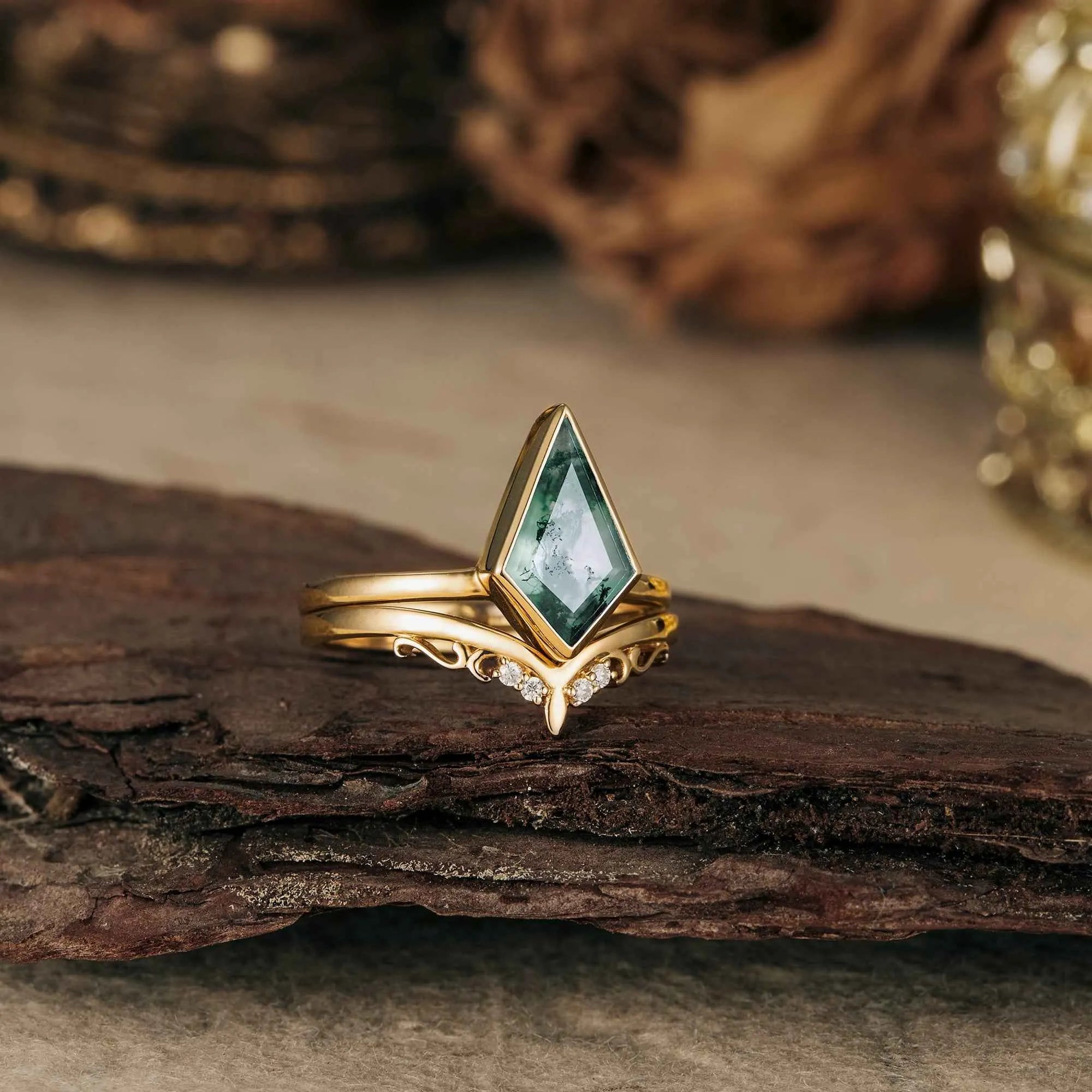 Bezel Kite Cut Moss Agate Ring Set 2pcs - GemsMagic - GemsMagic
