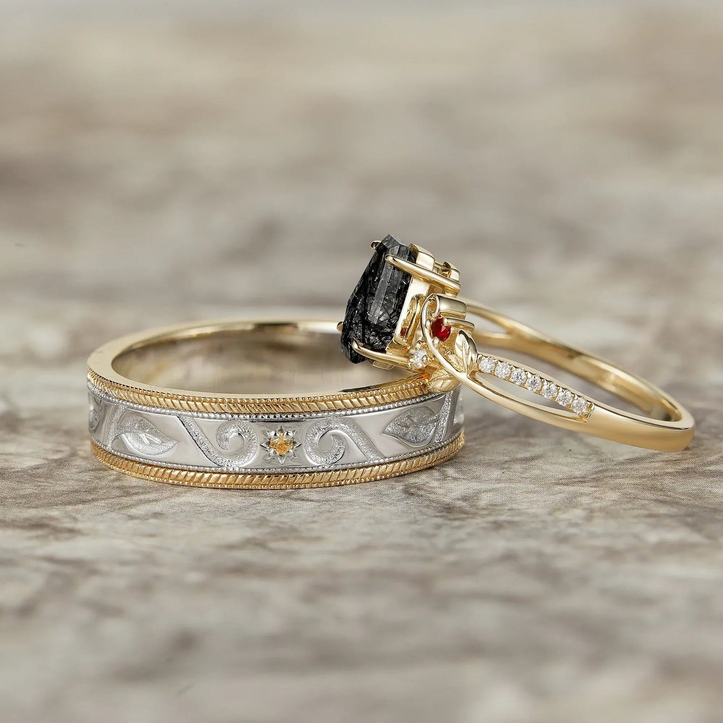 Black Rutilated Quartz Couple Ring Set - One & Only - GemsMagic