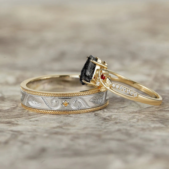 Black Rutilated Quartz Couple Ring Set - One & Only - GemsMagic