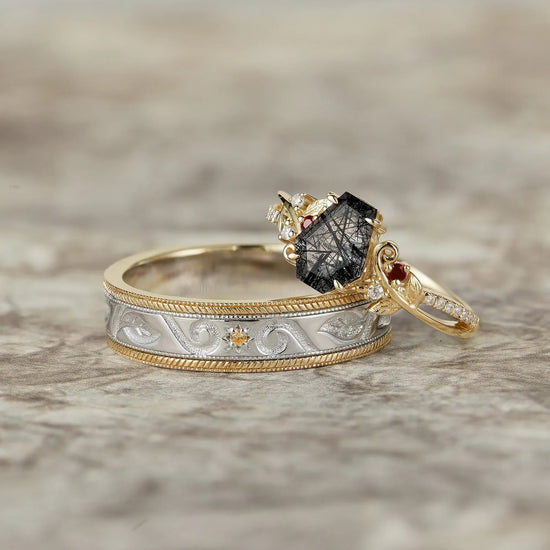 Black Rutilated Quartz Couple Ring Set - One & Only - GemsMagic