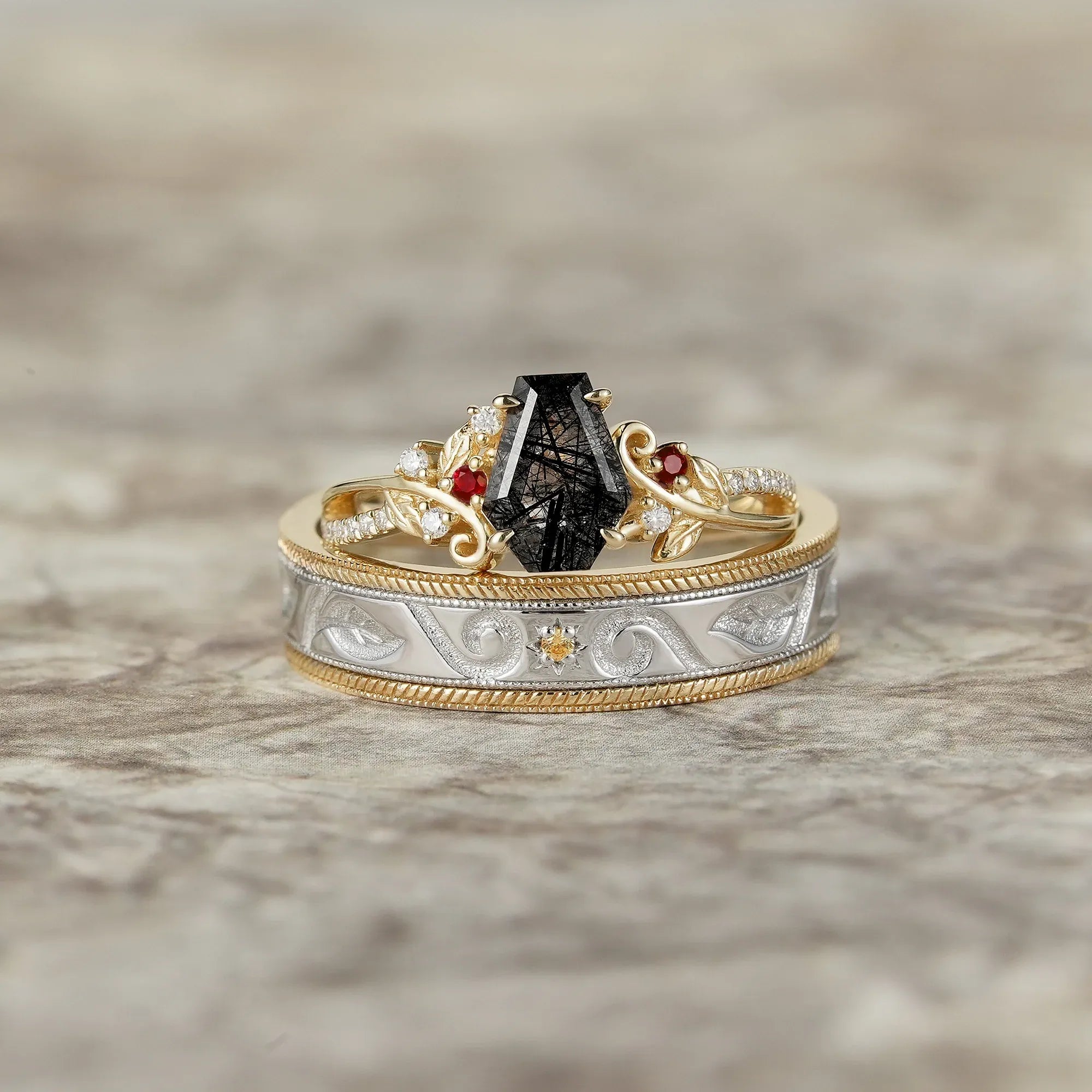 Black Rutilated Quartz Couple Ring Set - One & Only - GemsMagic