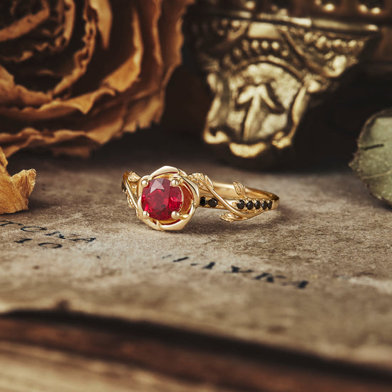 Blooming Rose, Black Onyx and Ruby Ring - GemsMagic