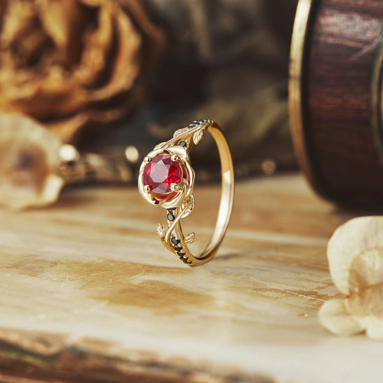 Blooming Rose, Black Onyx and Ruby Ring - GemsMagic