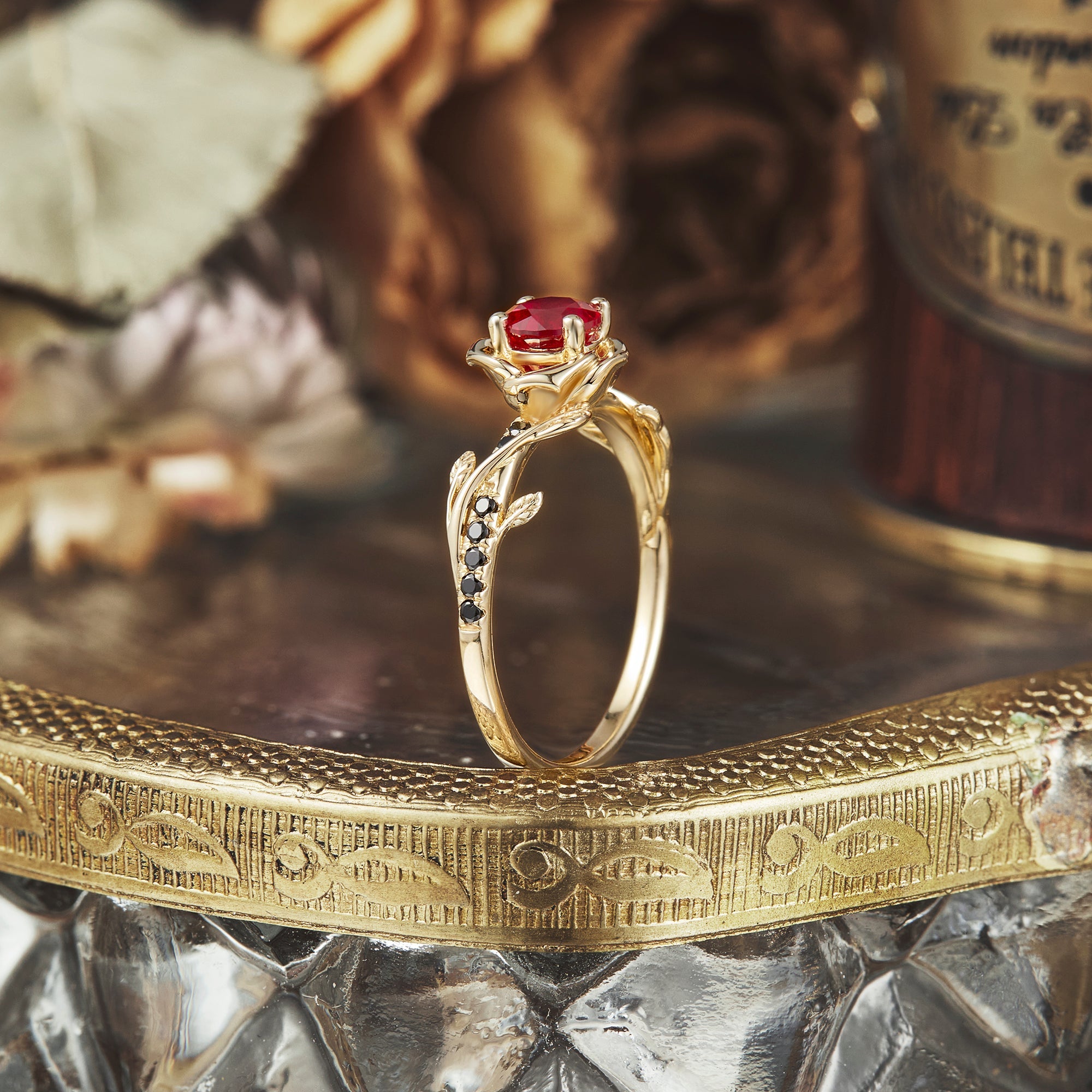 Blooming Rose, Black Onyx and Ruby Ring - GemsMagic