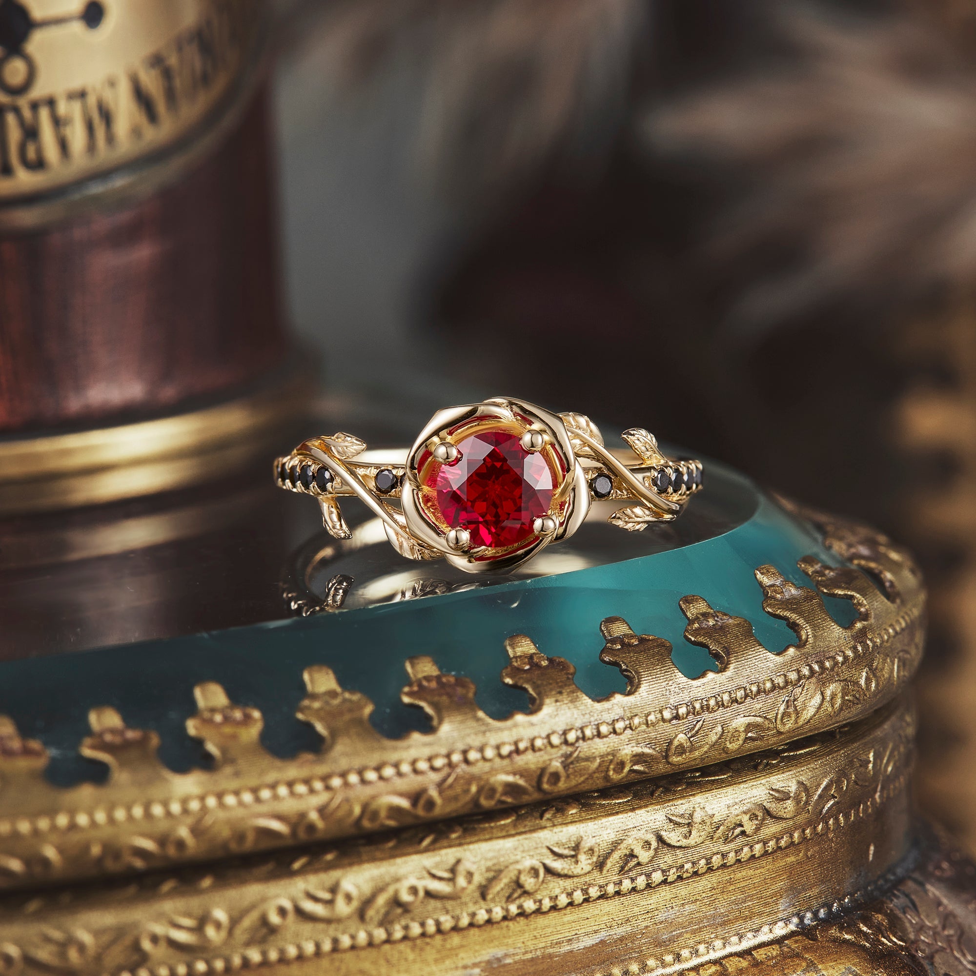 Blooming Rose, Black Onyx and Ruby Ring - GemsMagic