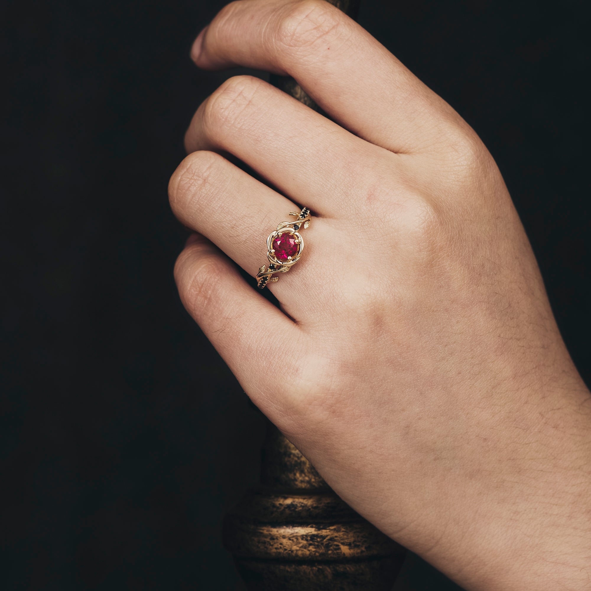 Blooming Rose, Black Onyx and Ruby Ring - GemsMagic
