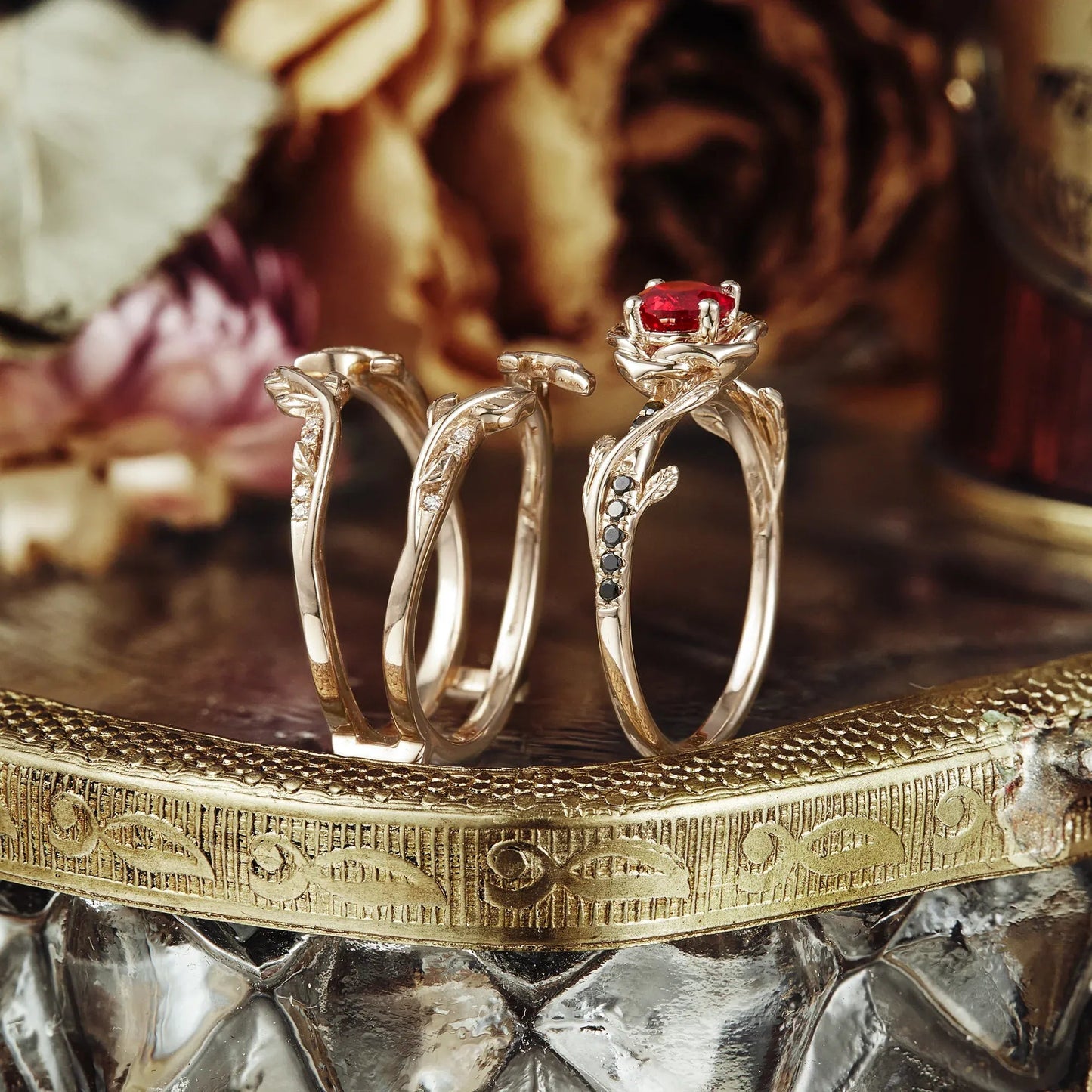 Blooming Rose, Black Onyx and Ruby Ring Set - GemsMagic
