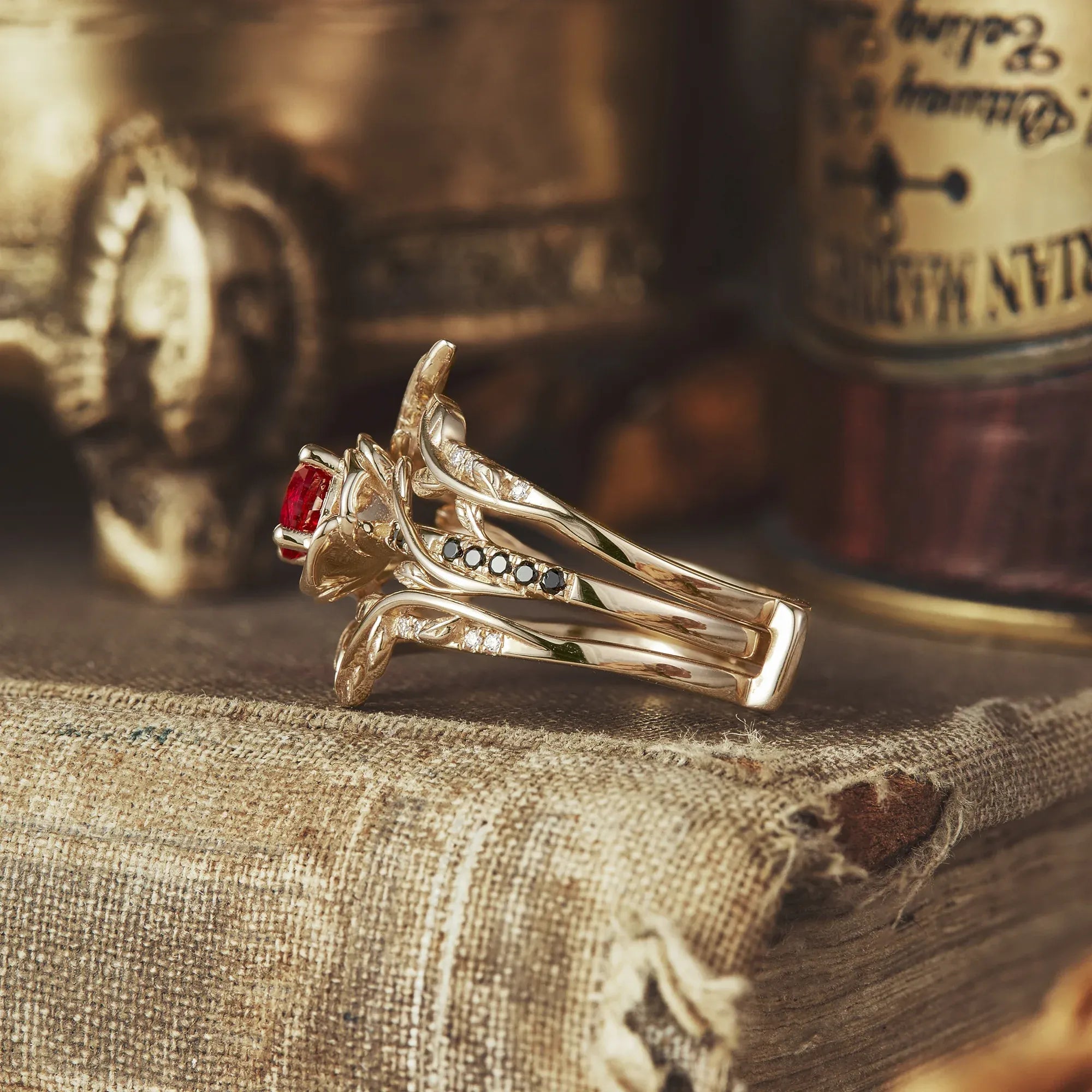 Blooming Rose, Black Onyx and Ruby Ring Set - GemsMagic