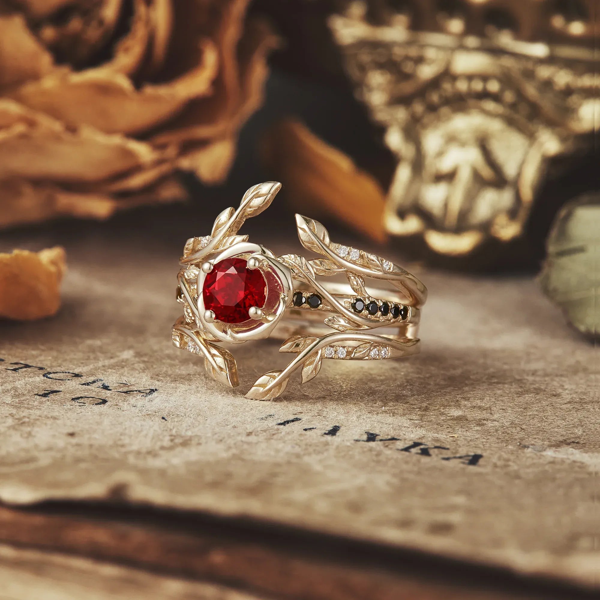 Blooming Rose, Black Onyx and Ruby Ring Set - GemsMagic