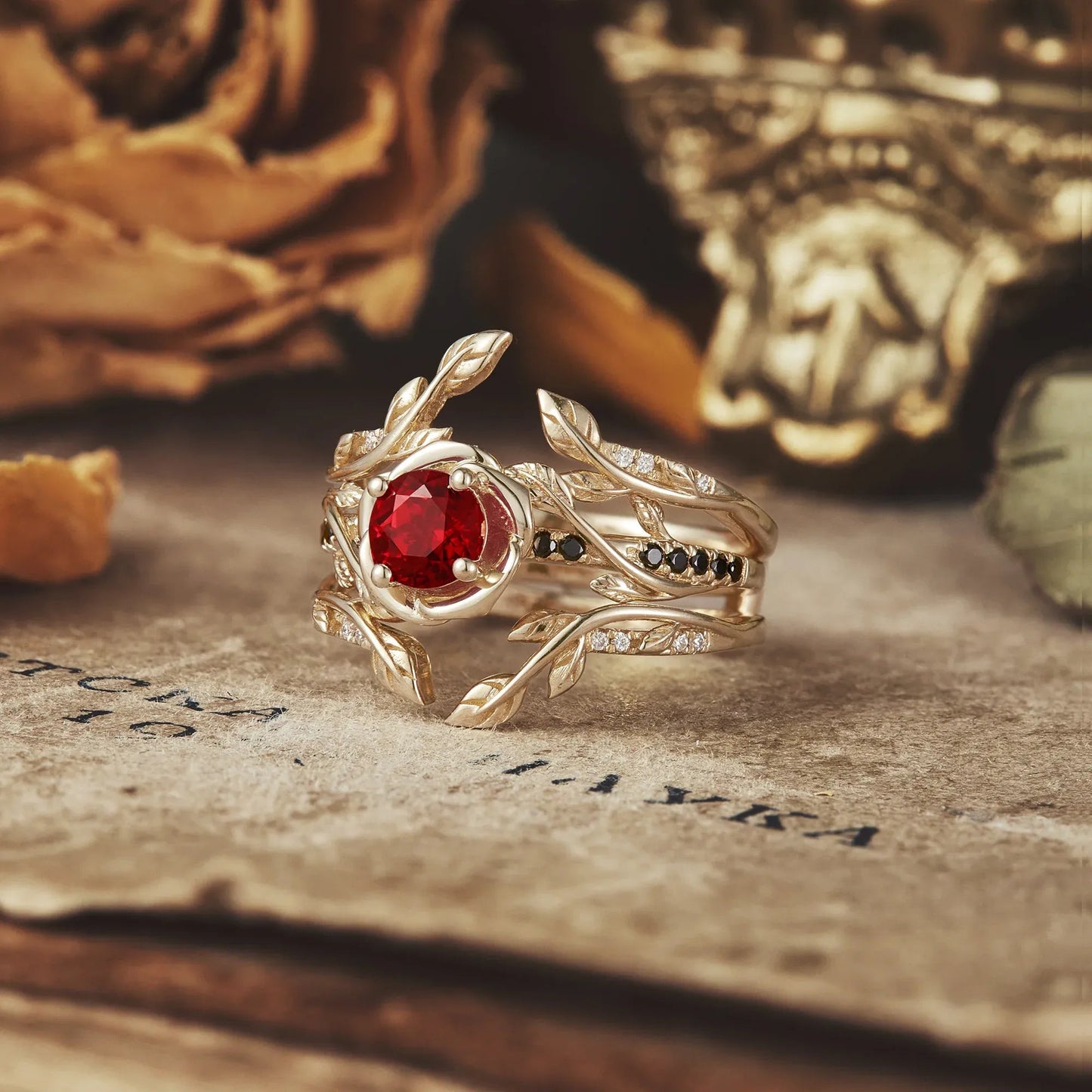 Blooming Rose, Black Onyx and Ruby Ring Set - GemsMagic