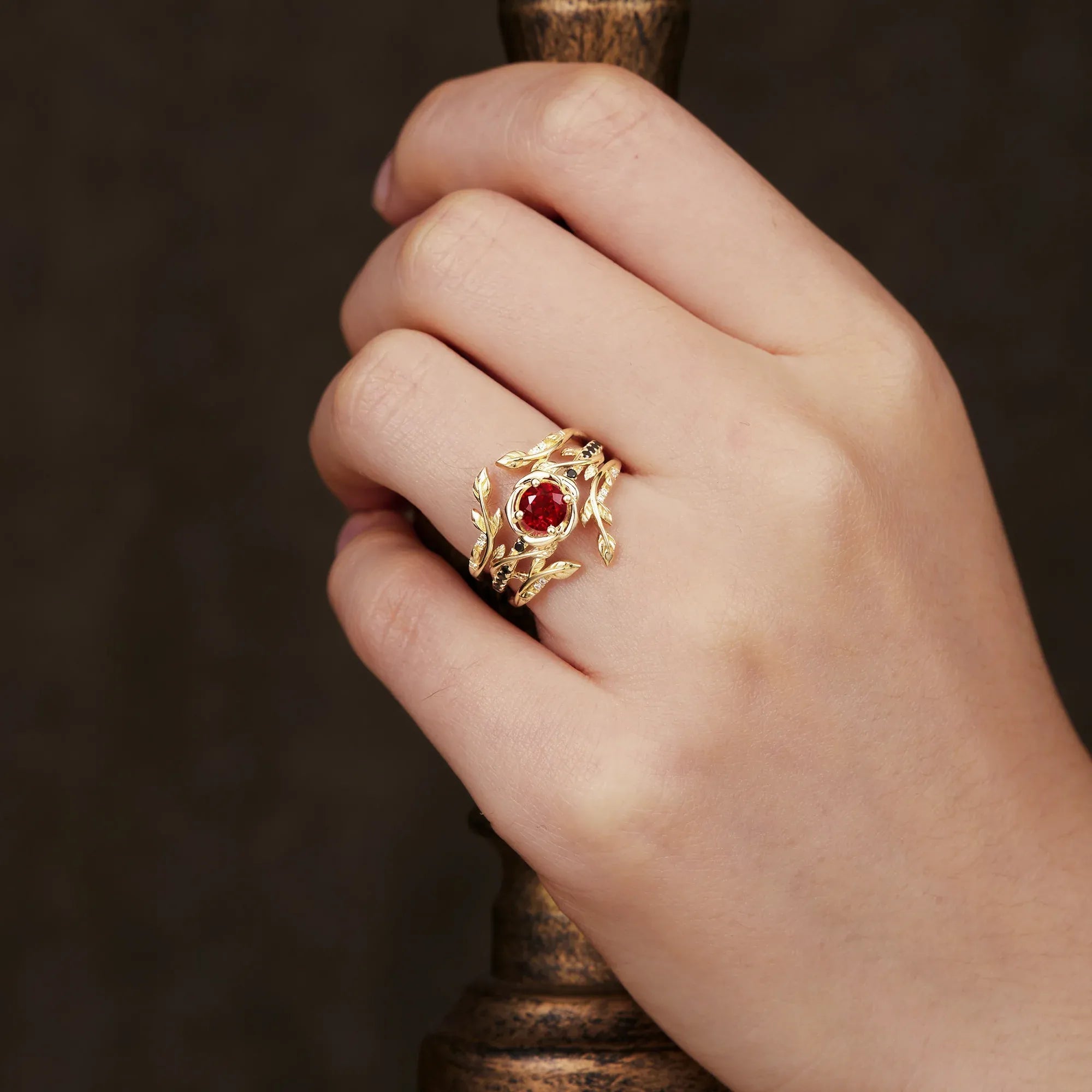 Blooming Rose, Black Onyx and Ruby Ring Set - GemsMagic