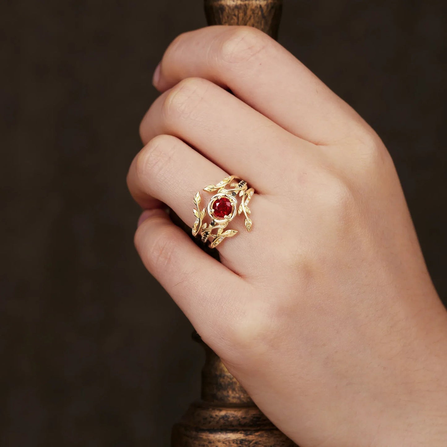 Blooming Rose, Black Onyx and Ruby Ring Set - GemsMagic