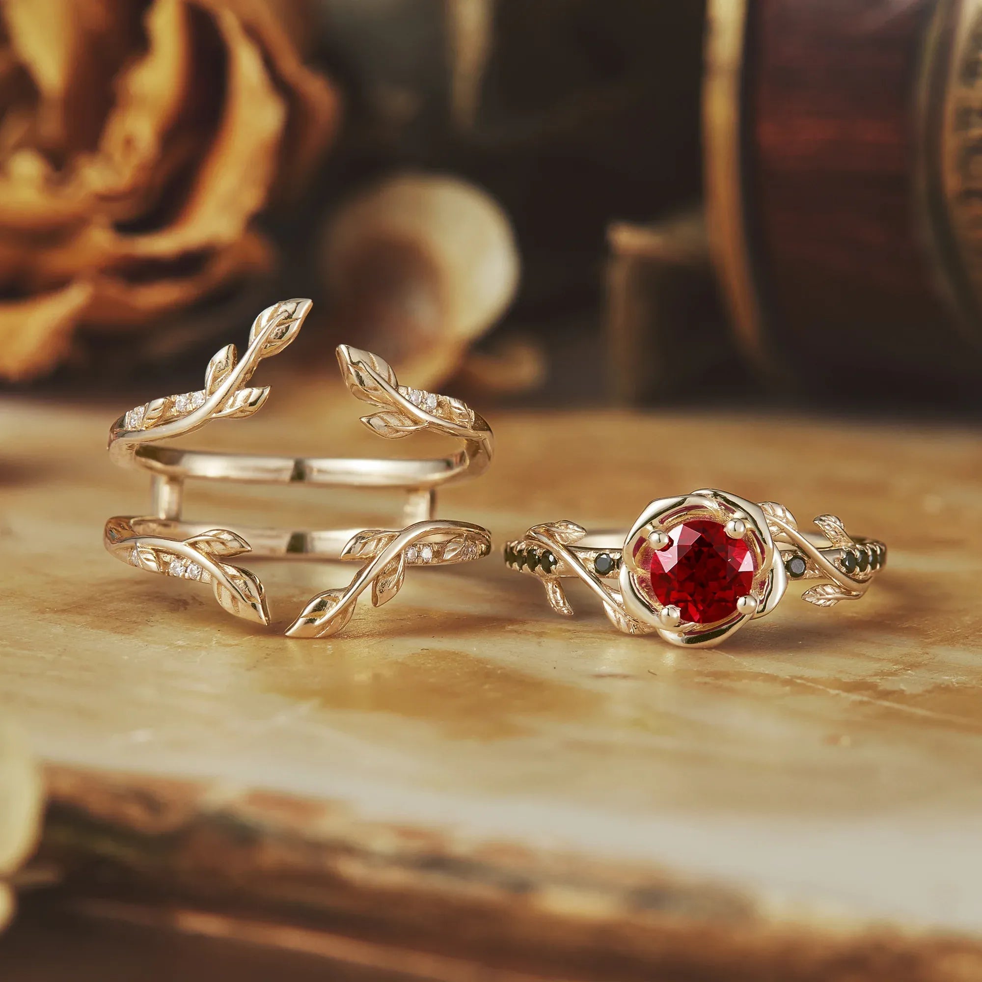 Blooming Rose, Black Onyx and Ruby Ring Set - GemsMagic