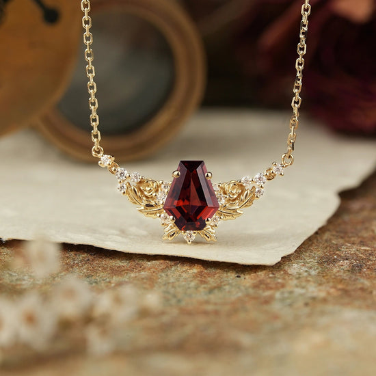 Blooming Rose: Coffin Garnet Floral Leaf Inspired Necklace Halloween Gift For Her - GemsMagic