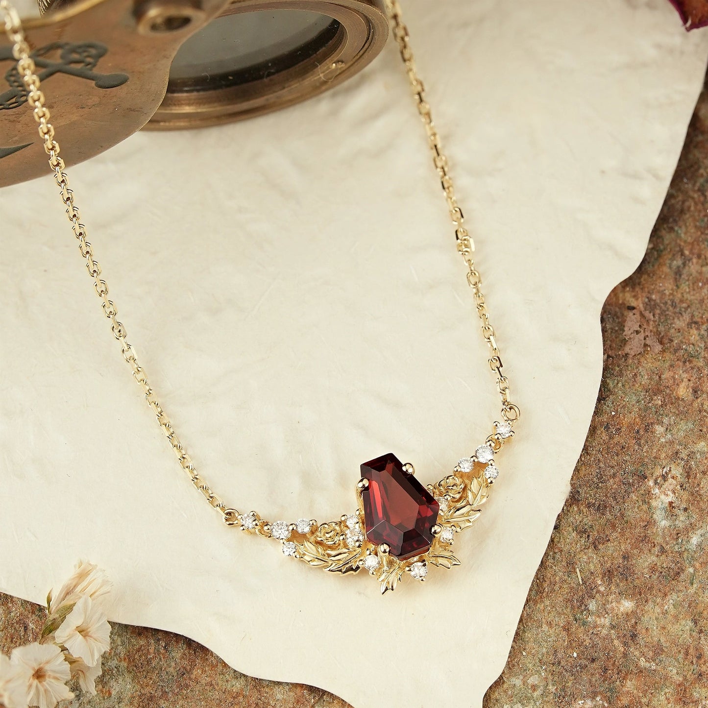 Blooming Rose: Coffin Garnet Floral Leaf Inspired Necklace Halloween Gift For Her - GemsMagic