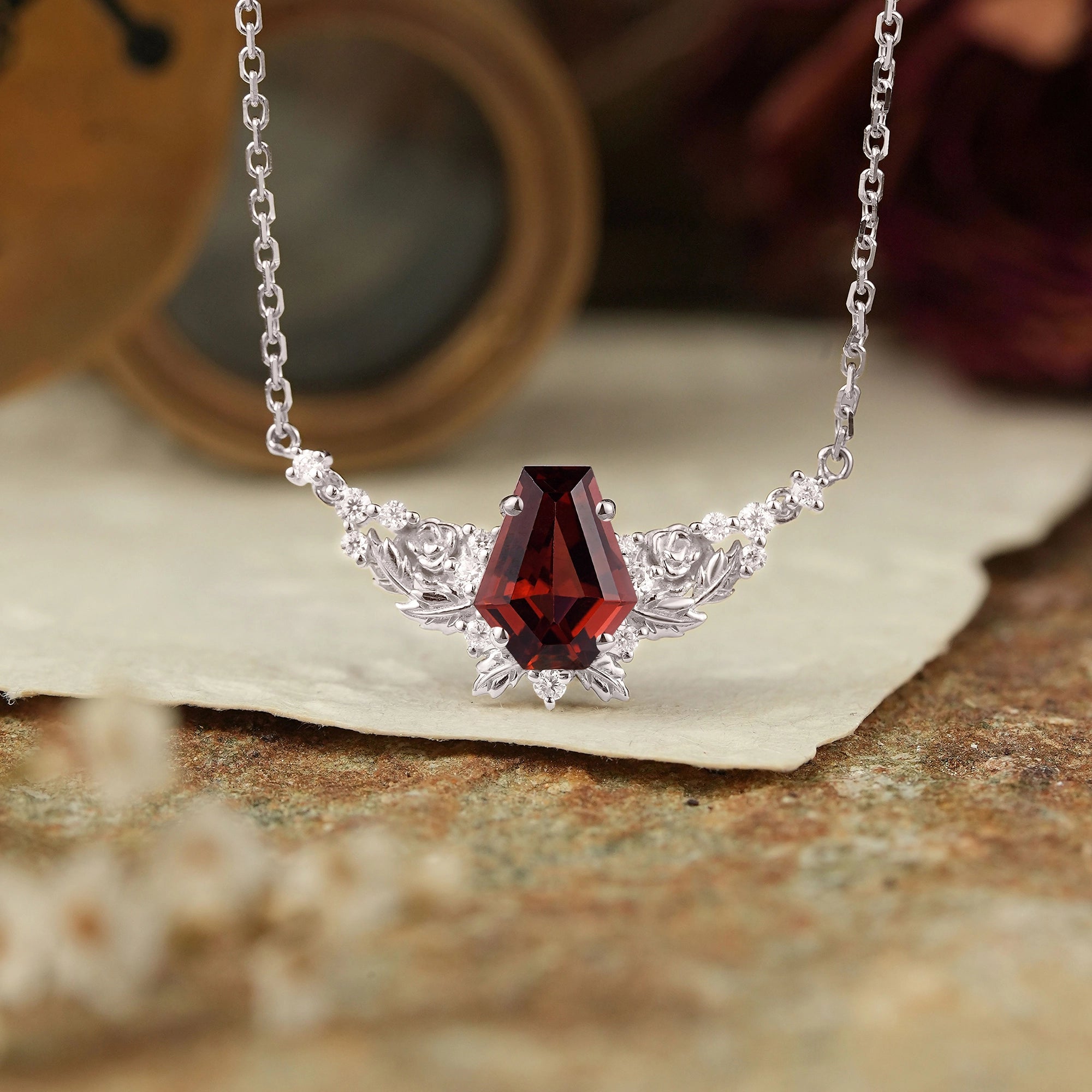 Blooming Rose: Coffin Garnet Floral Leaf Inspired Necklace Halloween Gift For Her - GemsMagic