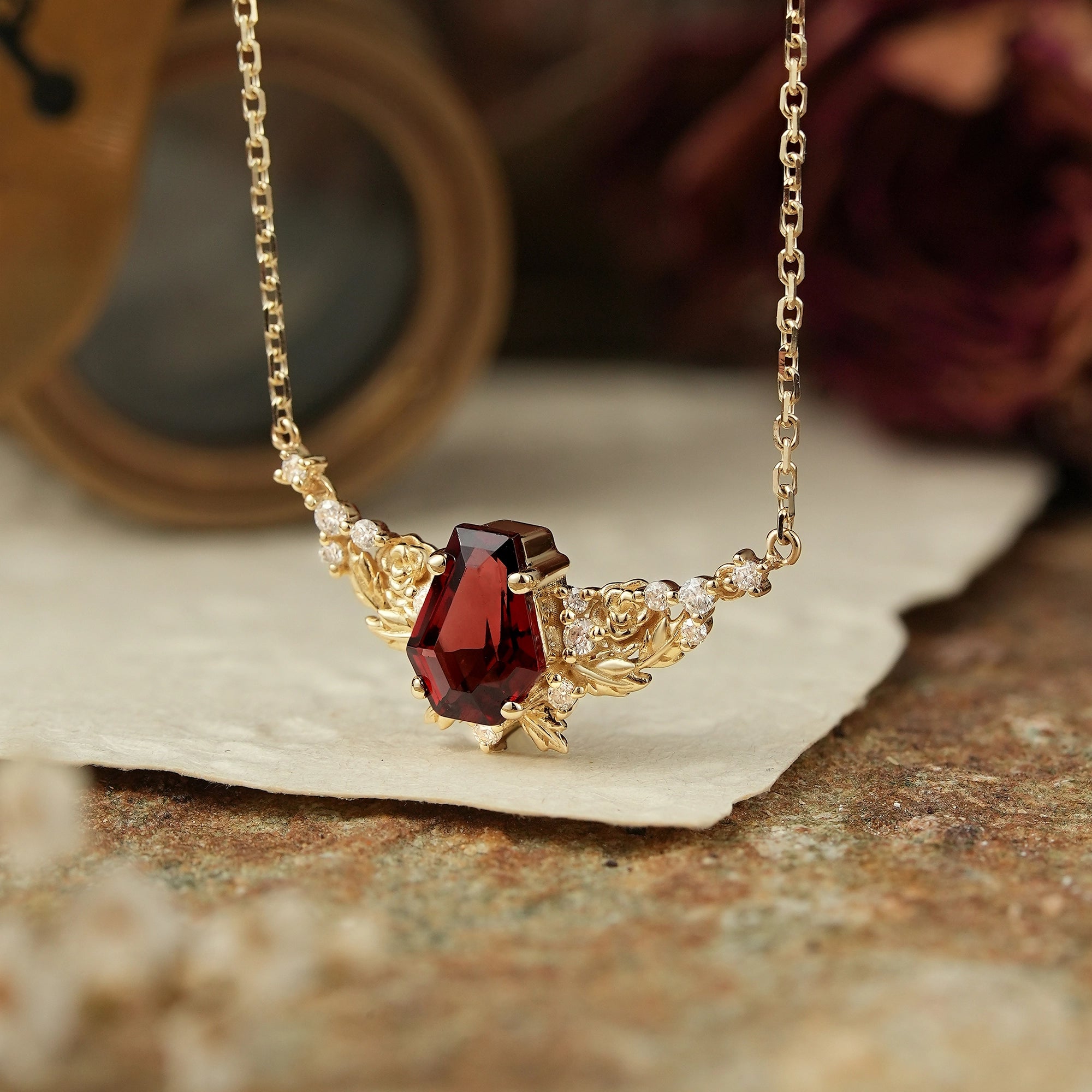 Blooming Rose: Coffin Garnet Floral Leaf Inspired Necklace Halloween Gift For Her - GemsMagic