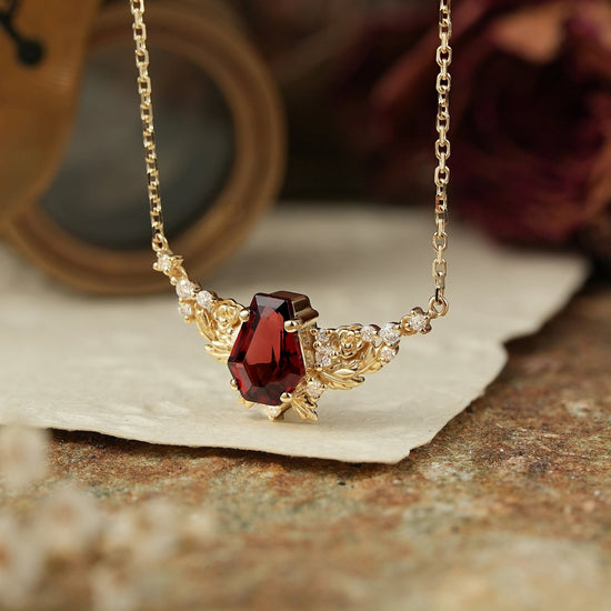 Blooming Rose: Coffin Garnet Floral Leaf Inspired Necklace Halloween Gift For Her - GemsMagic
