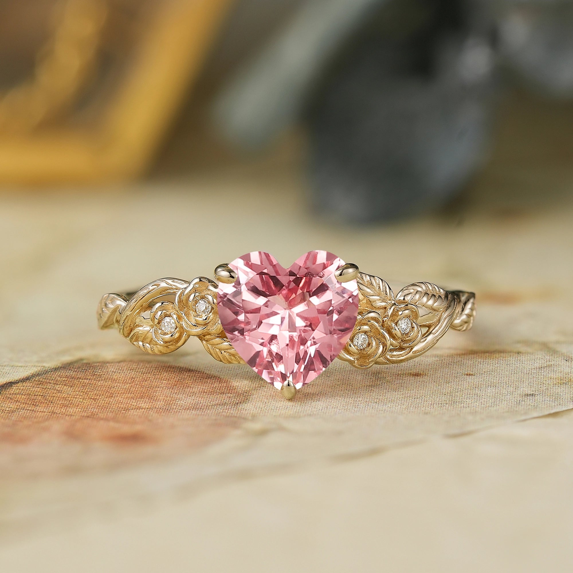 Blooming Rose | Heart Shaped Padparadscha Laef Engagement Ring - Ivy - GemsMagic
