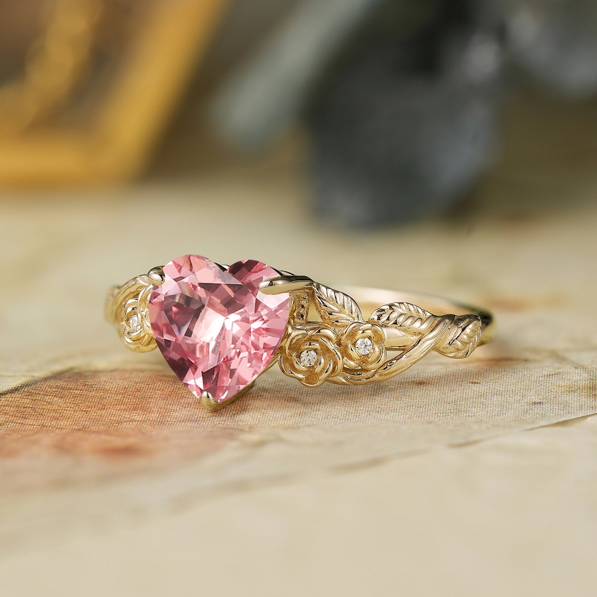 Blooming Rose | Heart Shaped Padparadscha Laef Engagement Ring - Ivy - GemsMagic