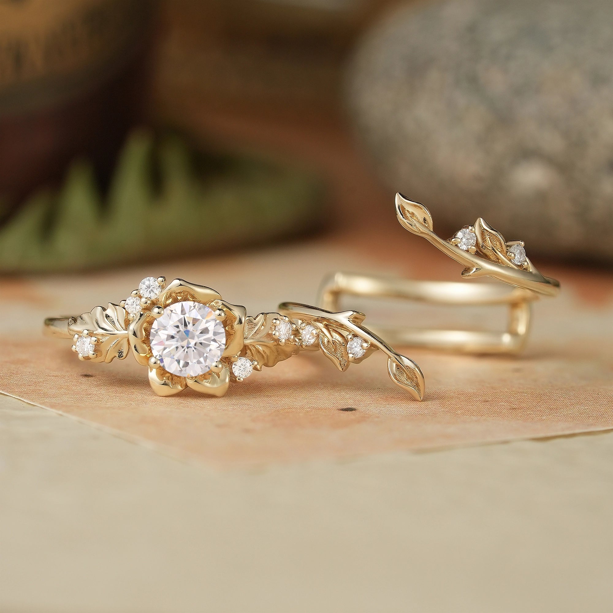 Blooming Rose Moissanite Engagement Ring Set 2pcs - Sylvaine - GemsMagic