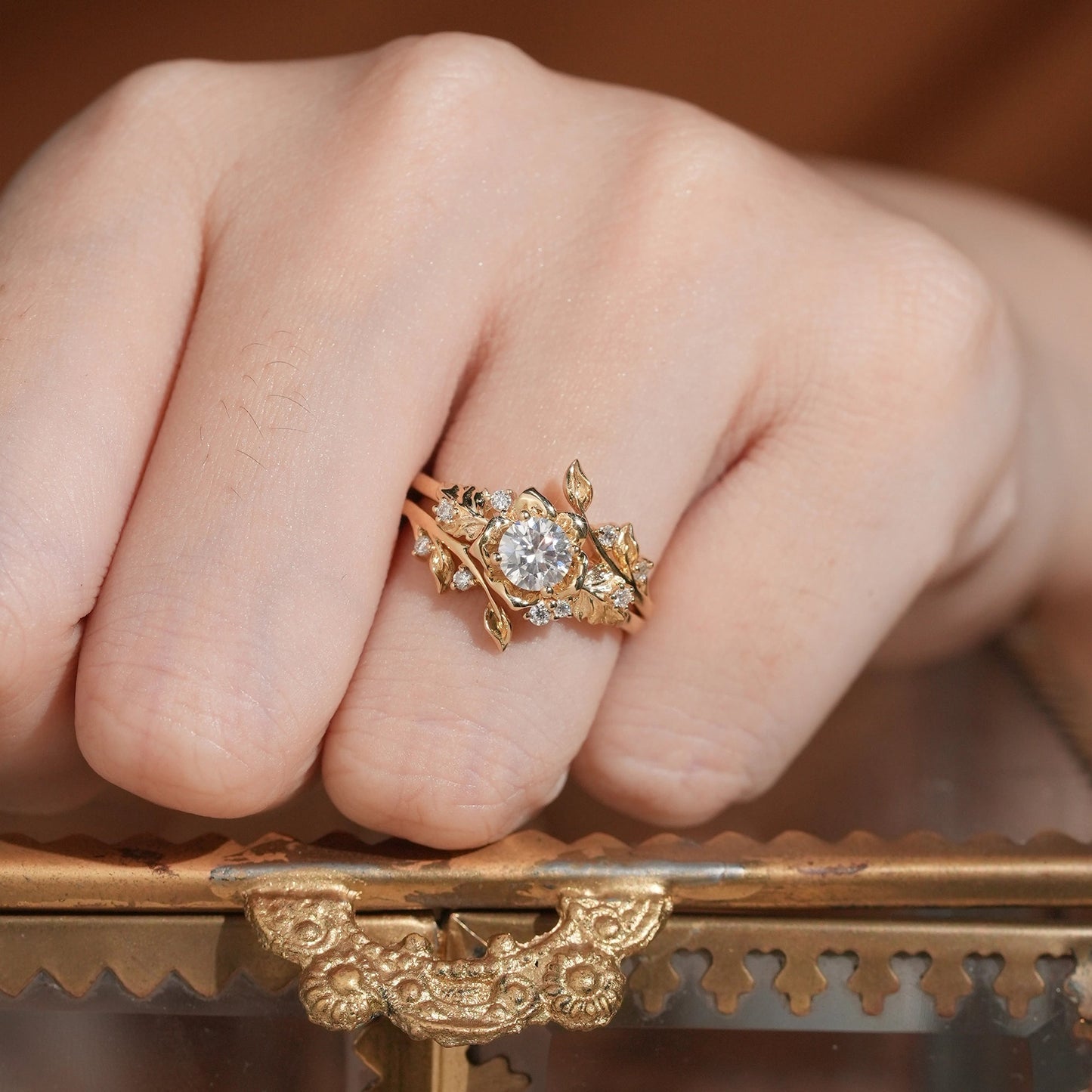 Blooming Rose Moissanite Engagement Ring Set 2pcs - Sylvaine - GemsMagic