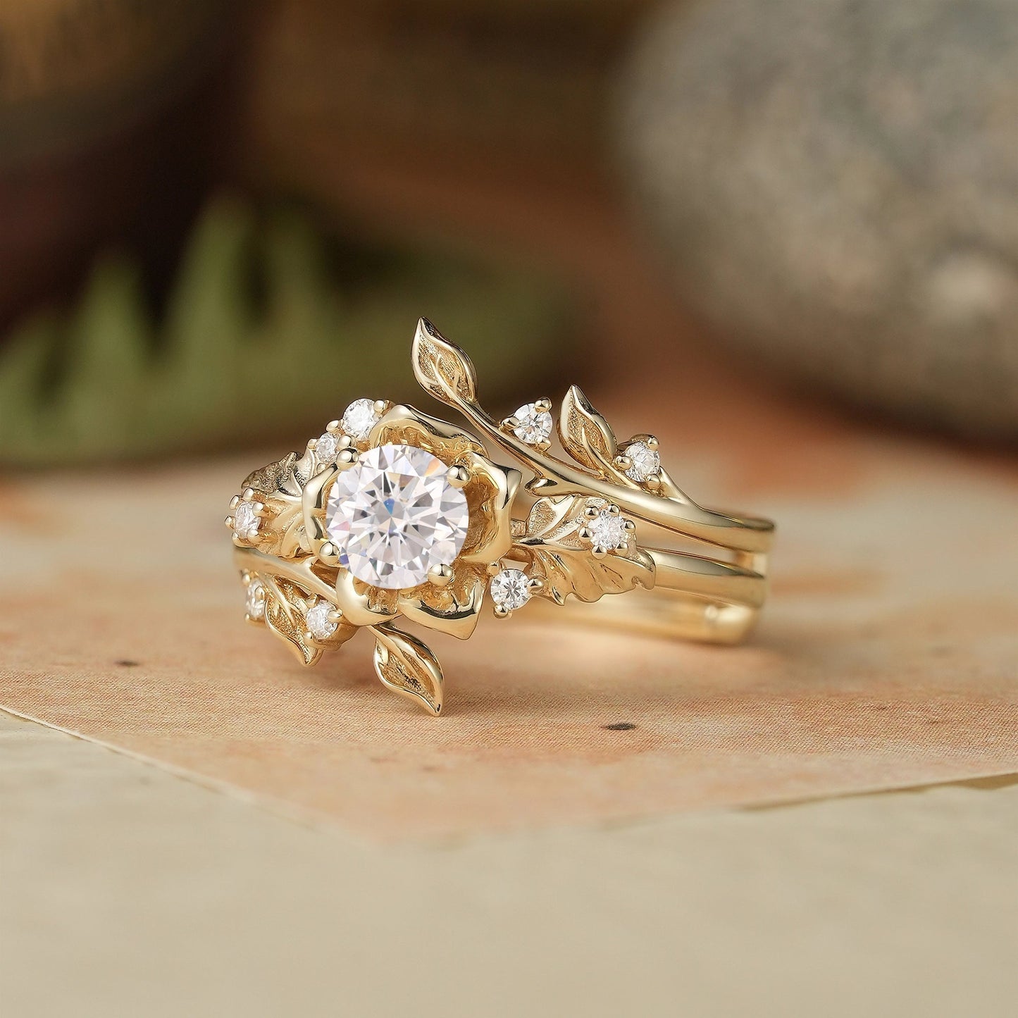 Blooming Rose Moissanite Engagement Ring Set 2pcs - Sylvaine - GemsMagic