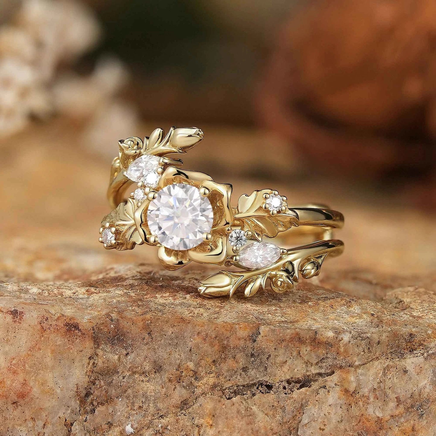 Blooming Rose Moissanite with Rose Buds Ring Set - Yuna - GemsMagic