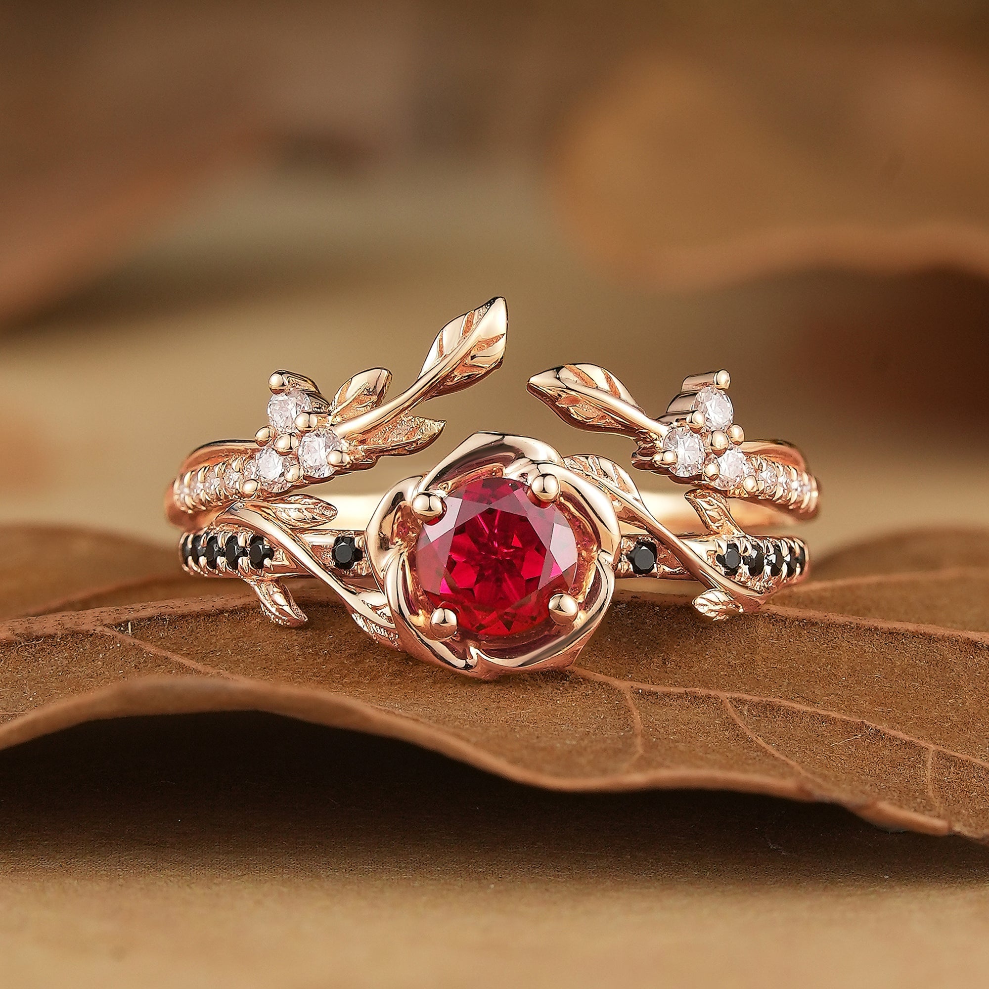 Blooming Rose: Ruby with Black Onyx Ring Set 2pcs - Neriah - GemsMagic