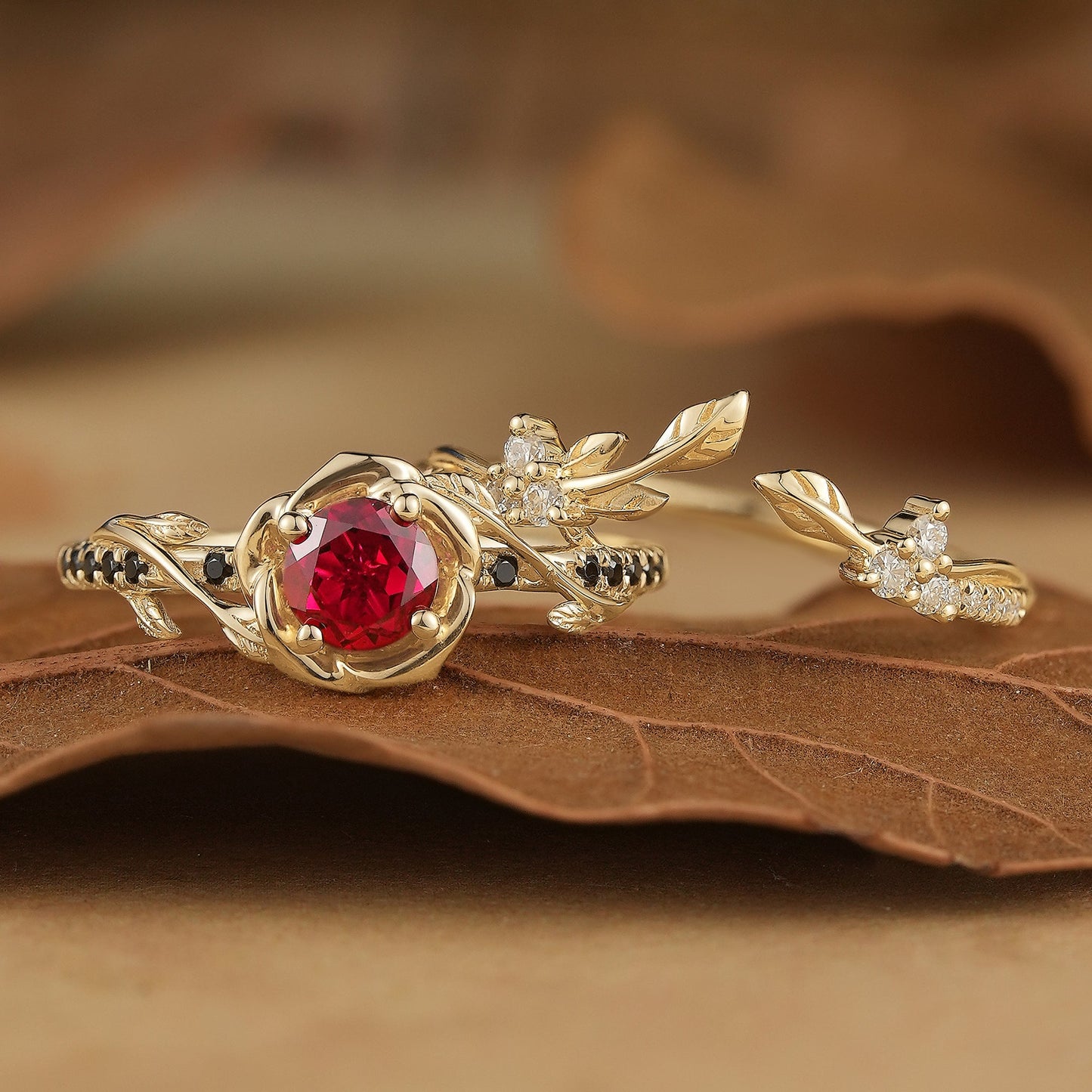 Blooming Rose: Ruby with Black Onyx Ring Set 2pcs - Neriah - GemsMagic