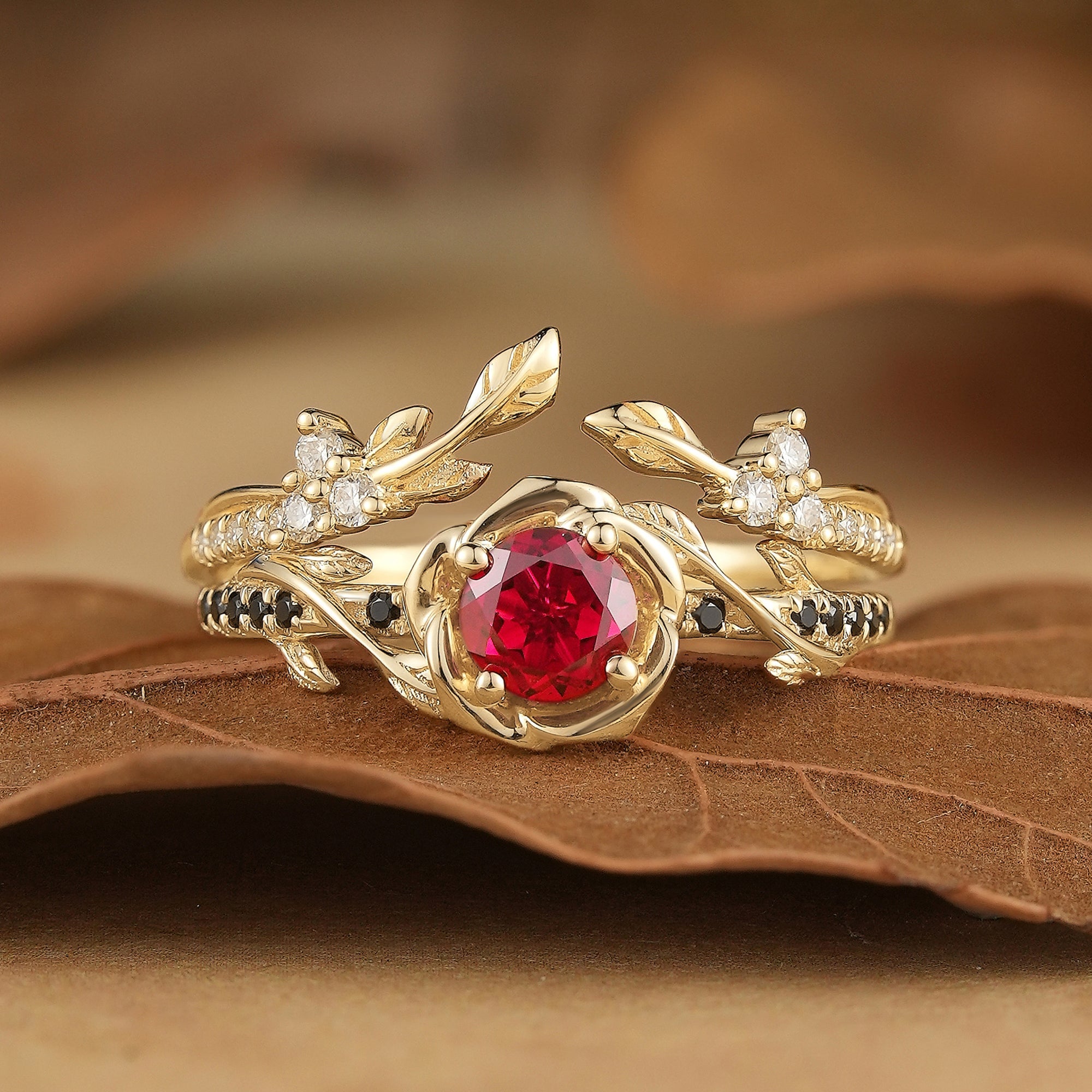 Blooming Rose: Ruby with Black Onyx Ring Set 2pcs - Neriah - GemsMagic