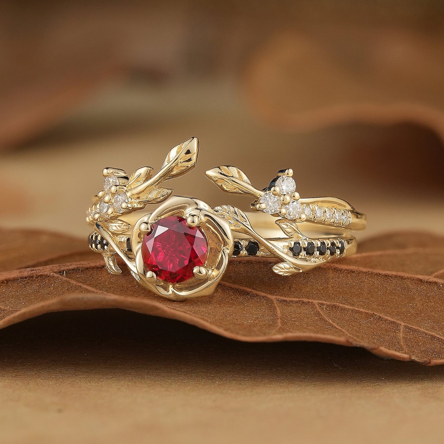 Blooming Rose: Ruby with Black Onyx Ring Set 2pcs - Neriah - GemsMagic