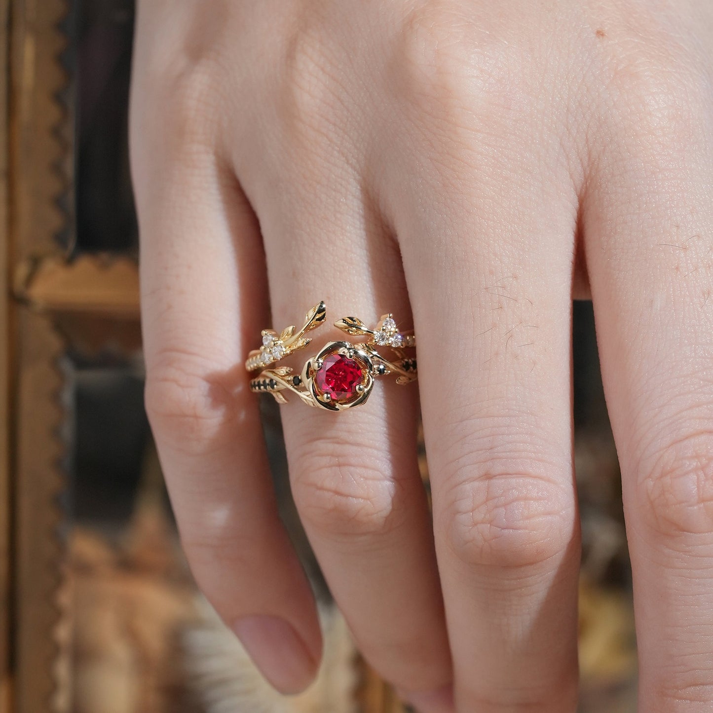 Blooming Rose: Ruby with Black Onyx Ring Set 2pcs - Neriah - GemsMagic