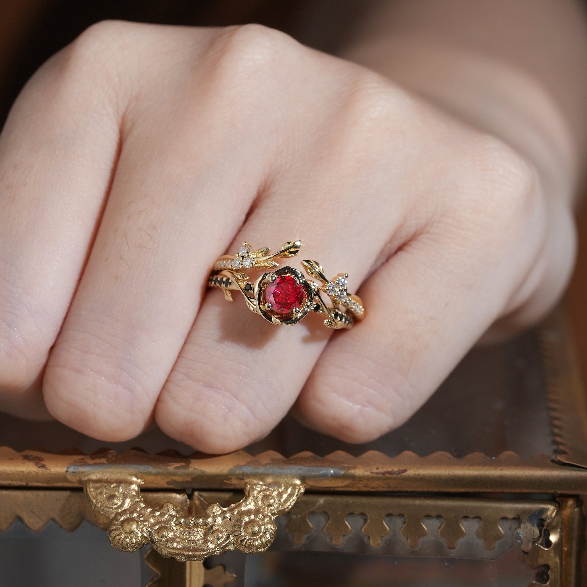 Blooming Rose: Ruby with Black Onyx Ring Set 2pcs - Neriah - GemsMagic
