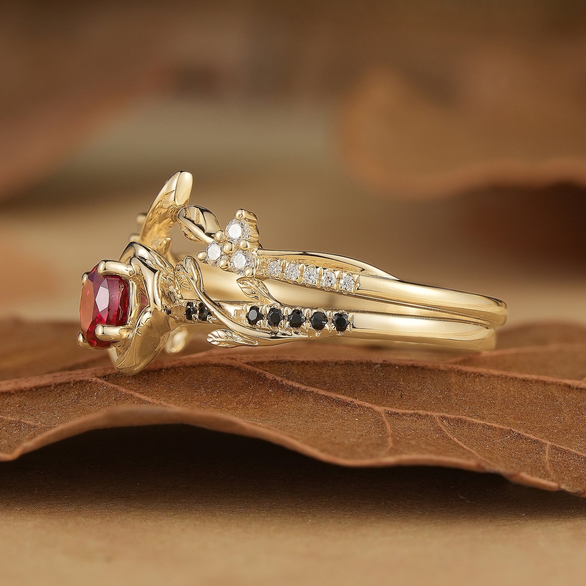 Blooming Rose: Ruby with Black Onyx Ring Set 2pcs - Neriah - GemsMagic