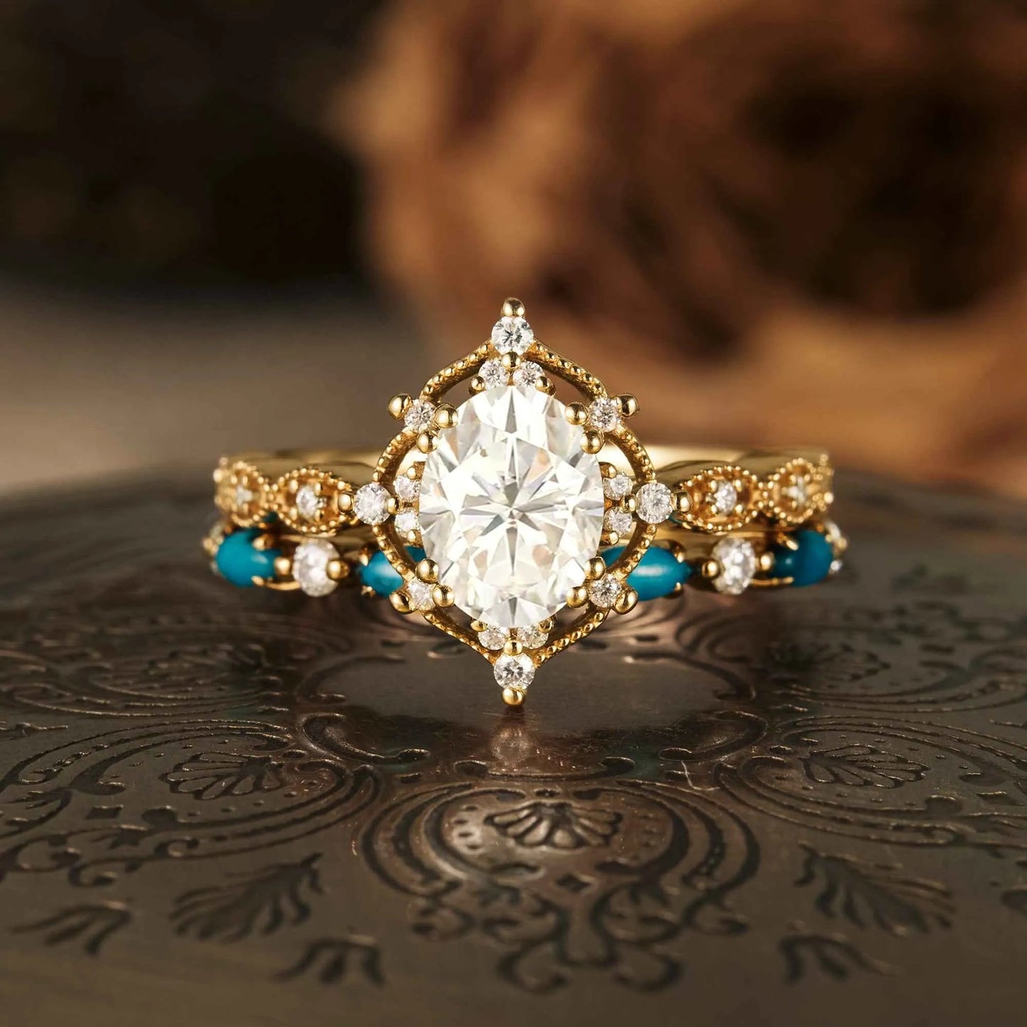 Boho Moissanite & Turquoise Engagement Ring Set 2pcs - GemsMagic - GemsMagic